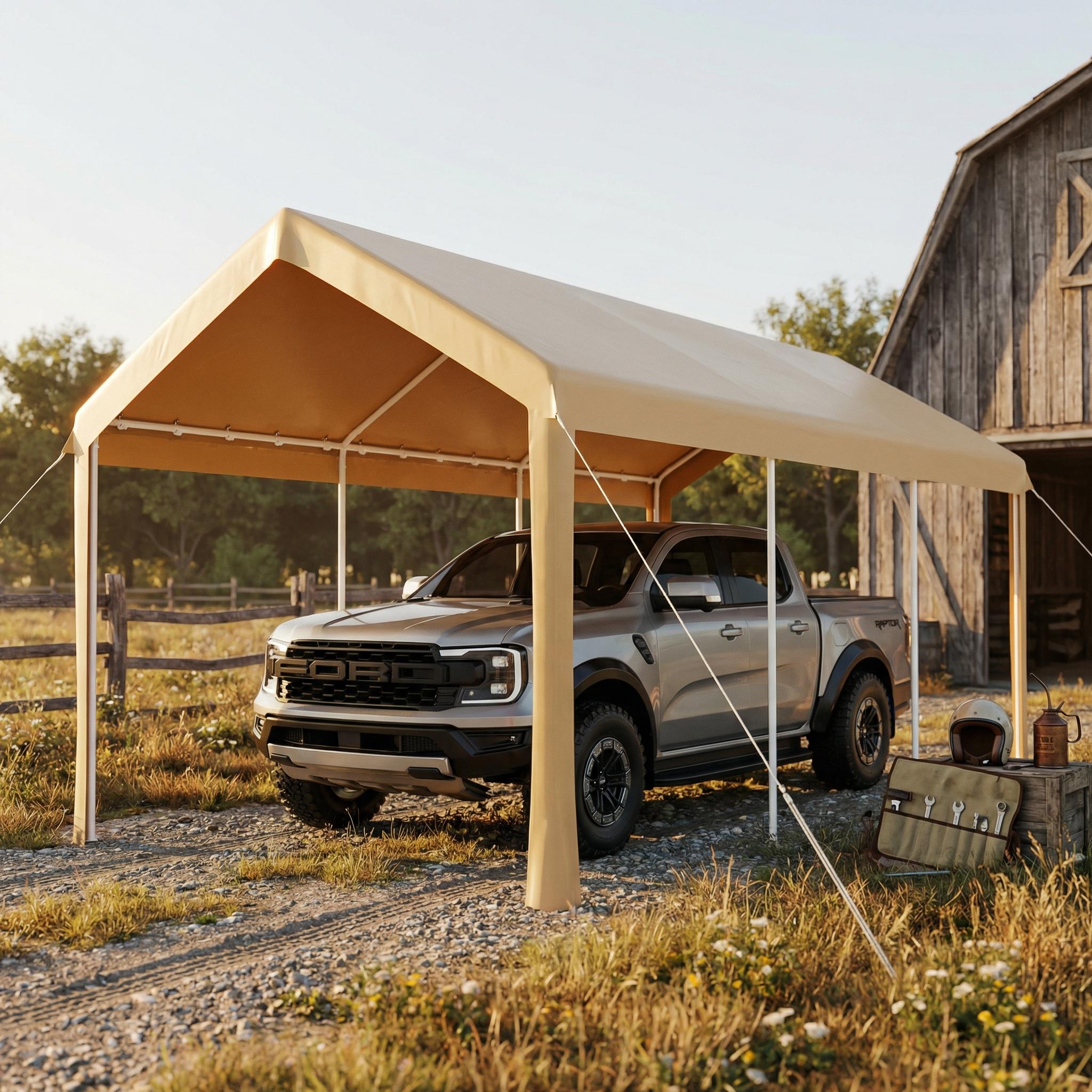 Garvee Carport 10 x 20 ft Carport Canopy Outdoor Garage Bike Tent Style Storage Shelter Heavy Duty Metal Frame Roll Up Door Motorcycle Shed Canopy Waterproof PE Cover