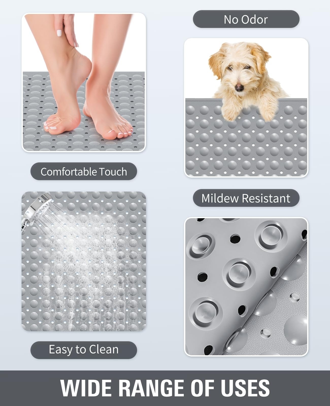 Etokfoks  Large TPE Anti Slip Shower Stall Mat with Drain Holes Pebble Texture and Suction Cups 34 3 x 23 3 Inch Bath Floor Pad