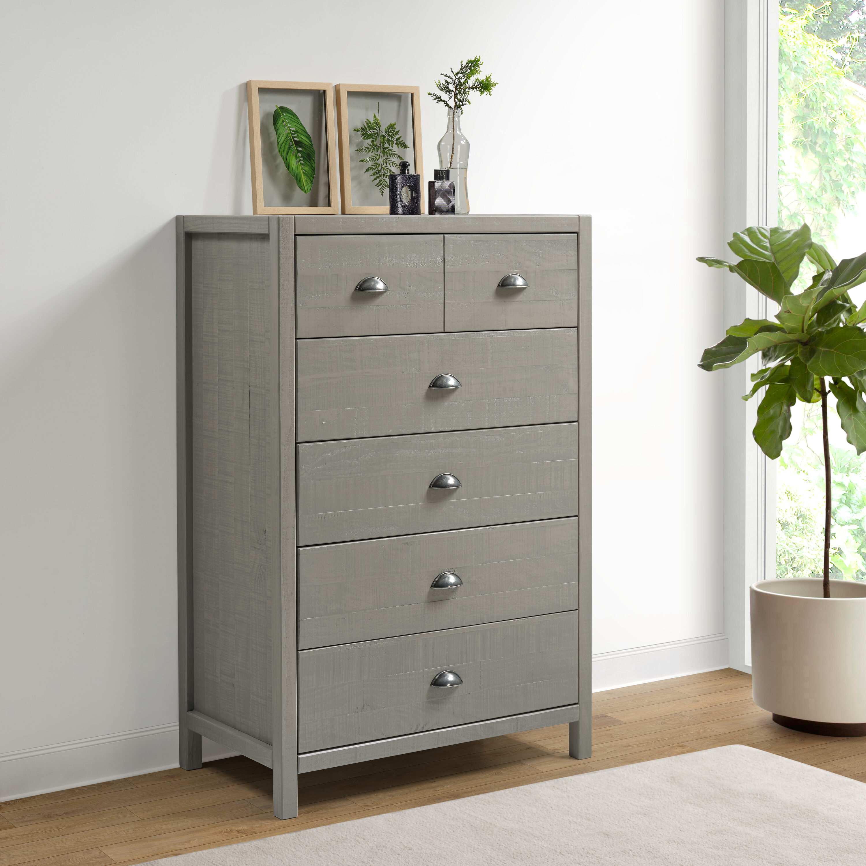 Hampton Driftwood Brown Pine Five Drawer Chest