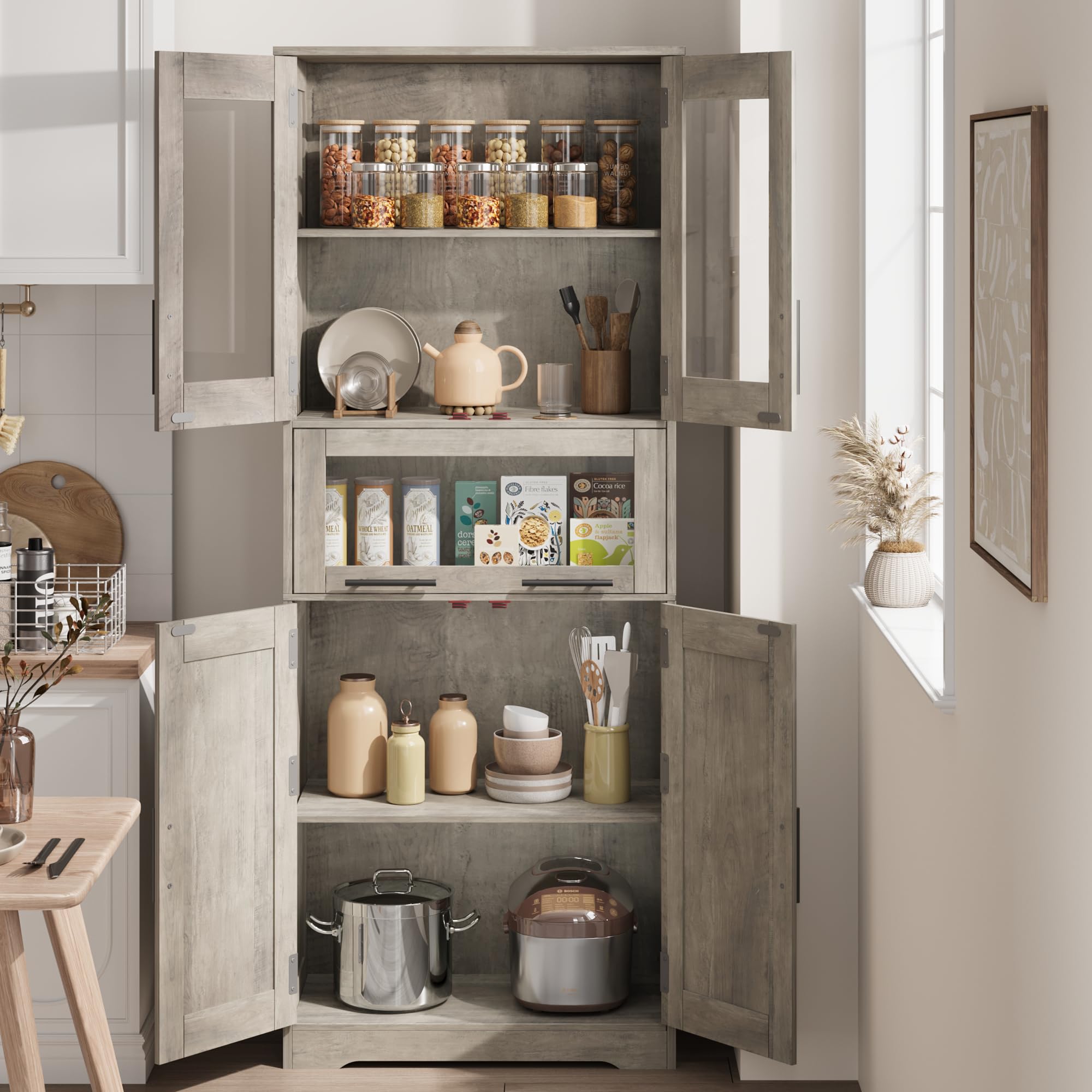 GarveeLife 67-in Tall Pantry Cabinet with Glass Doors Freestanding Storage Cupboard with Drawer and Adjustable Shelves