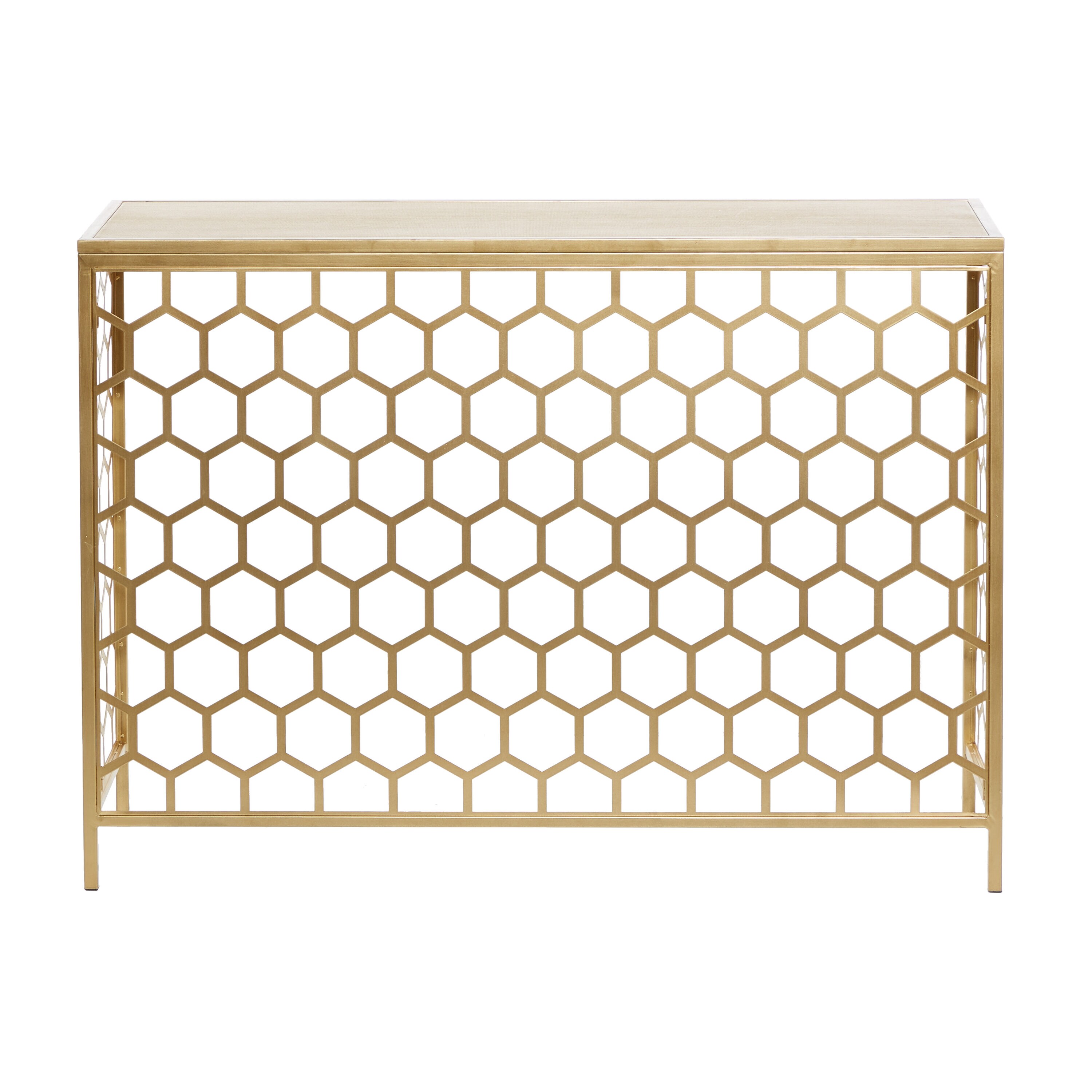 Elegant Gold Metal and Brown Wood Console Table with Honeycomb Pattern, 42"