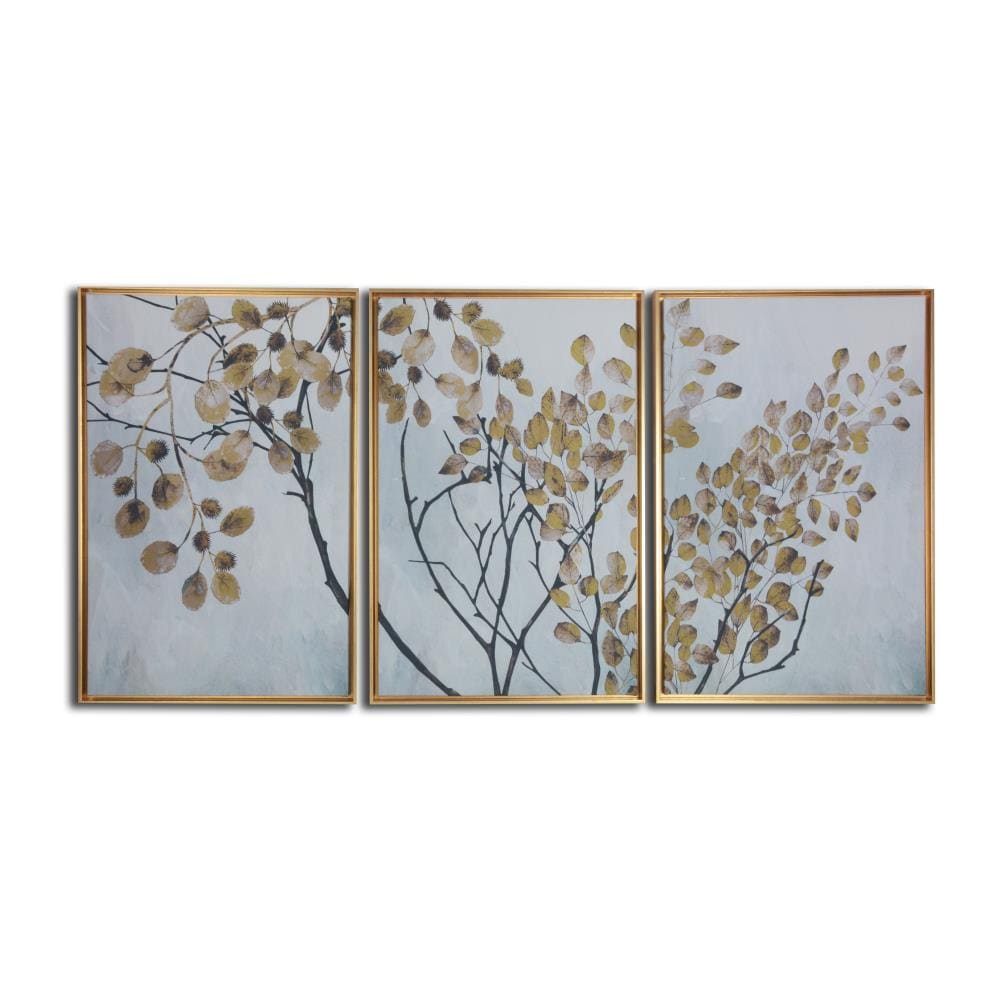 Gallery 57 KC3826A "Gold Branches" 3 piece Print on Gold Floating Framed Canvas Wall Art Gold Plastic Framed 24-in H x 48-in W Botanical Canvas Print