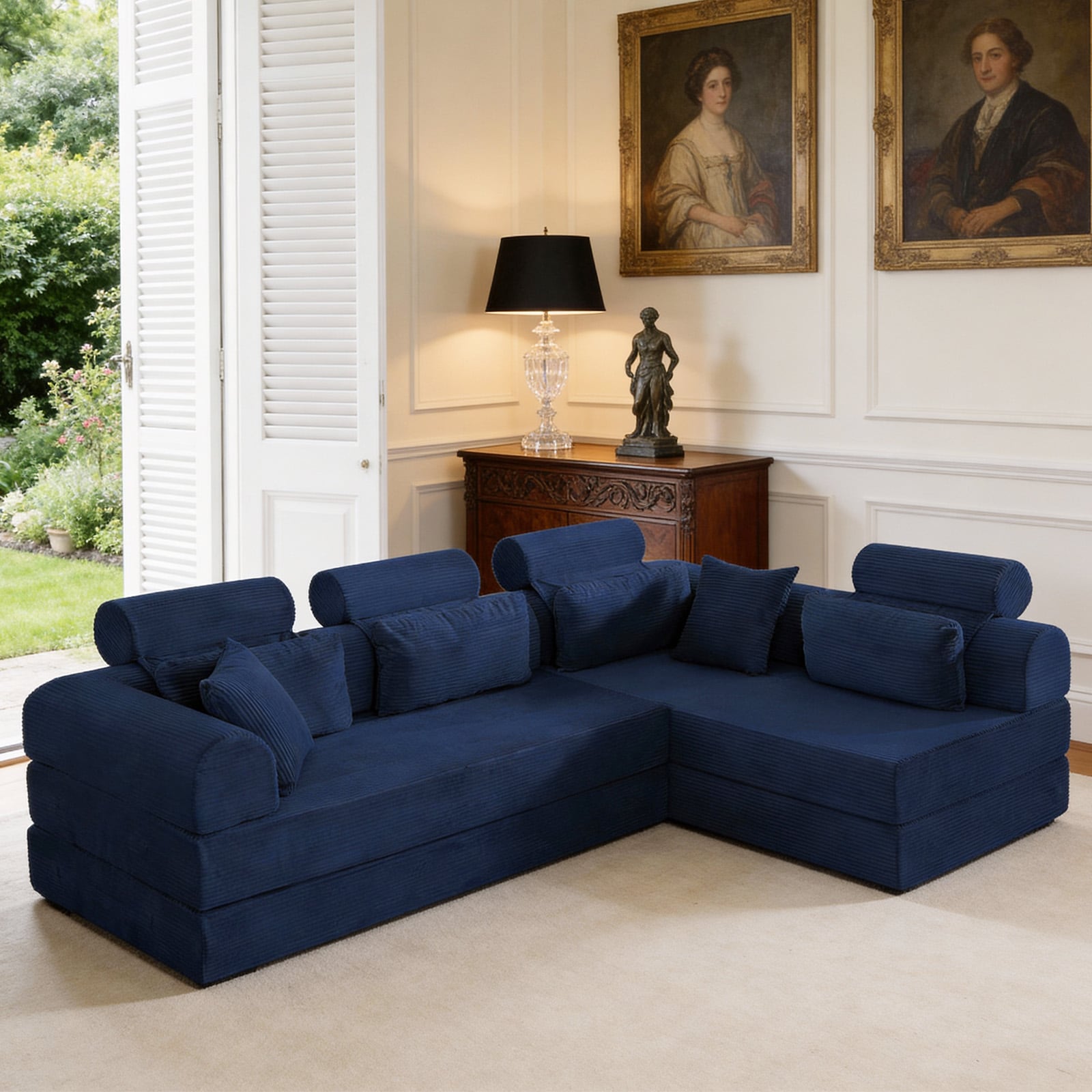 KTMBDW L-Shaped Modular Sectional Sofa with Chaise -Boneless Comfy Corduroy Fluffy Couch with Deep Seat and Pillows for Living Room (Blue)