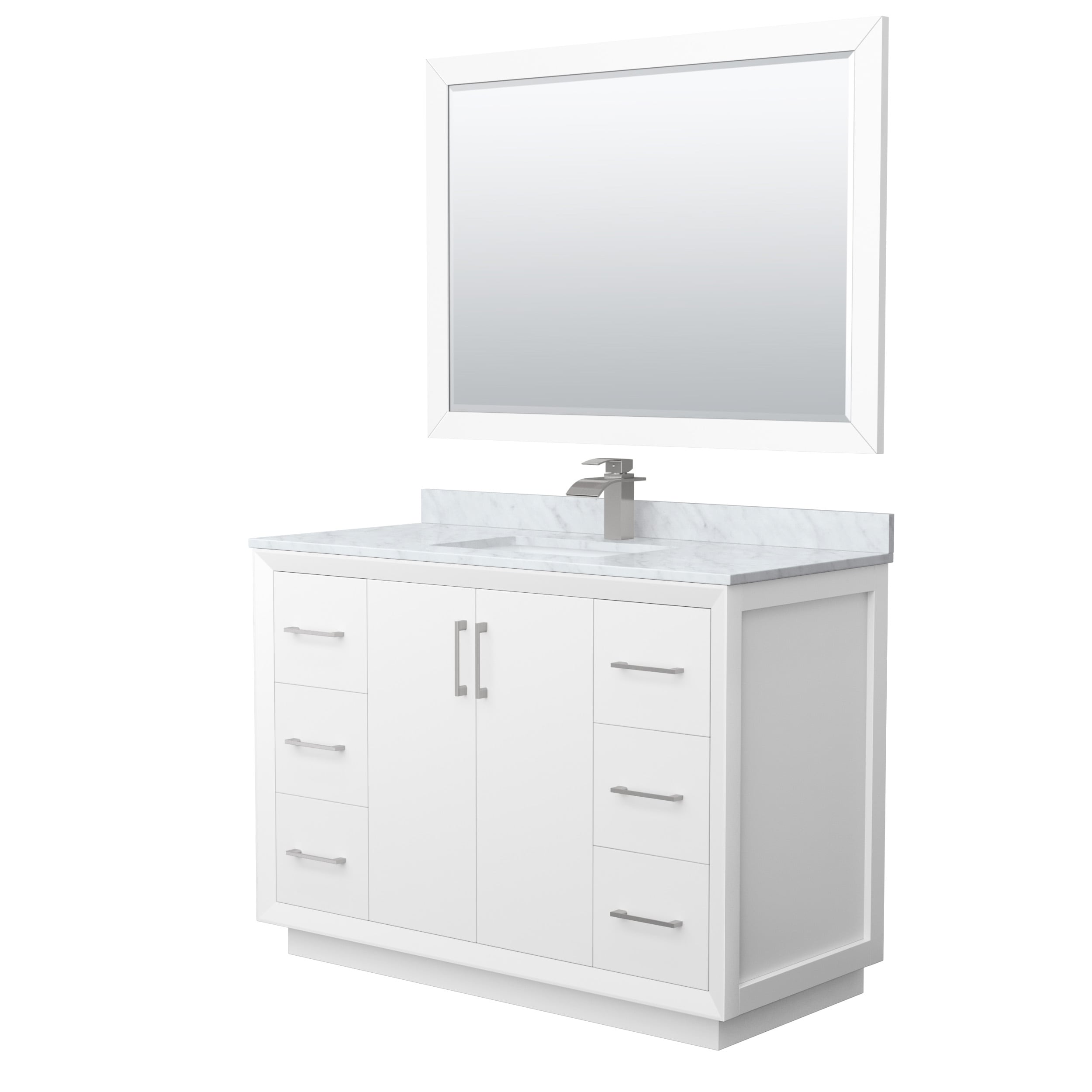 Wyndham Collection WCF414148SWHCMUNSM46 Strada 48-in White with Brushed Nickel Trim Undermount Single Sink Bathroom Vanity with White Carrara Marble Natural Marble Top (Mirror Included)