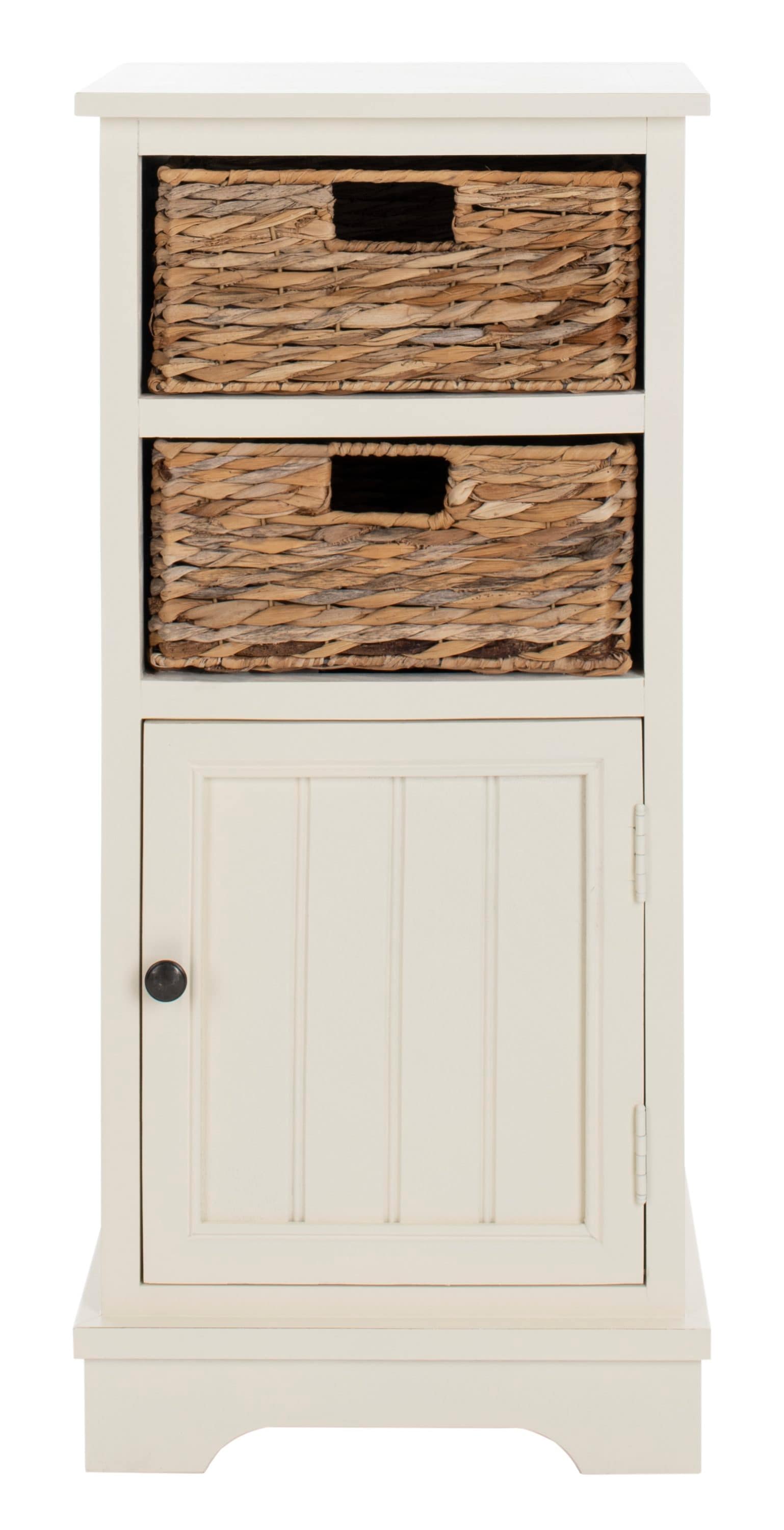 Distressed White Pine Accent Cabinet with Wicker Baskets