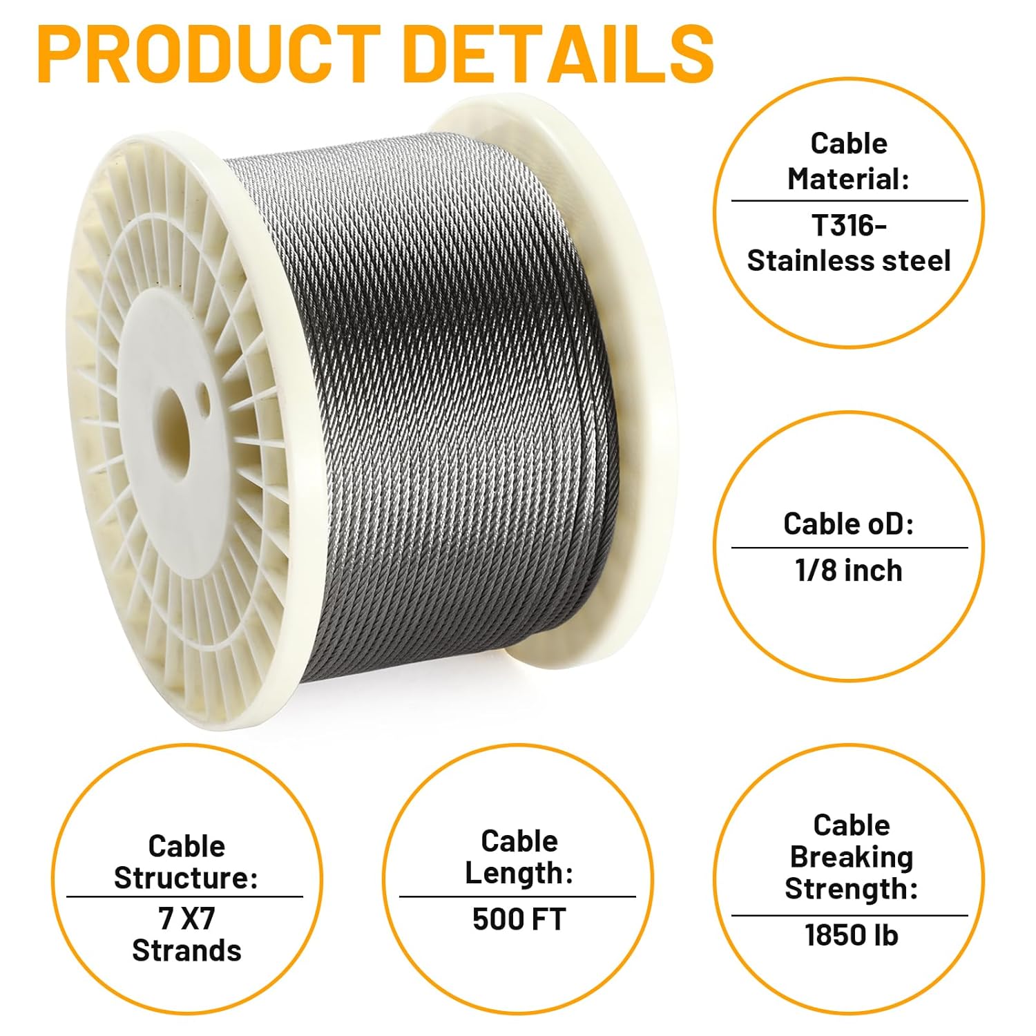 Etokfoks 500 ft 1 8 inch T316 stainless steel 7x7 braided cable with ...