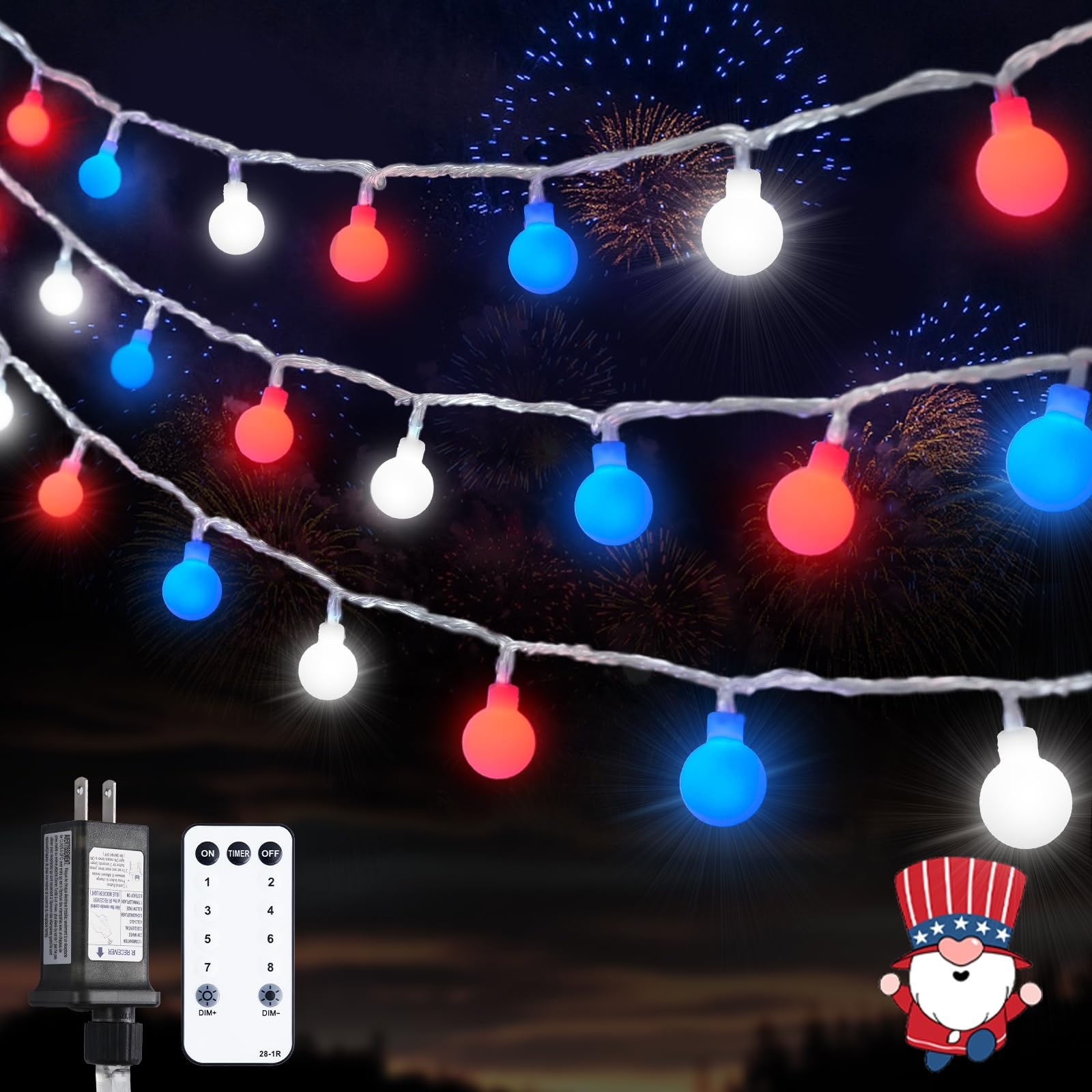 Afoxsos Red White and Blue Globe String Lights 100 LED 33ft Connectable Indoor Outdoor Patriotic Decor 8 Modes with Remote for July Fourth Party #L05AF08020