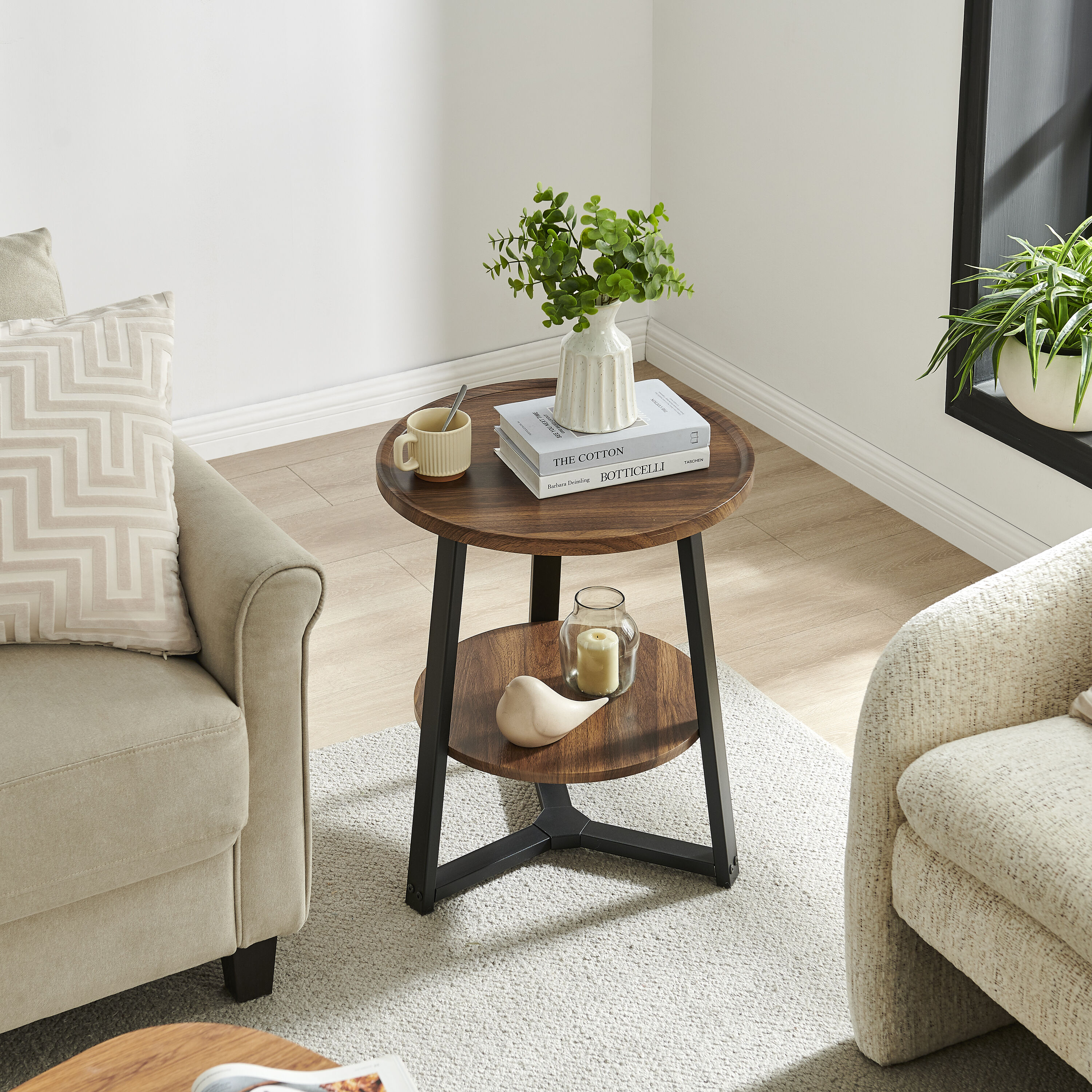 Walnut and Black Round Two-Tier Accent Table with Metal Legs