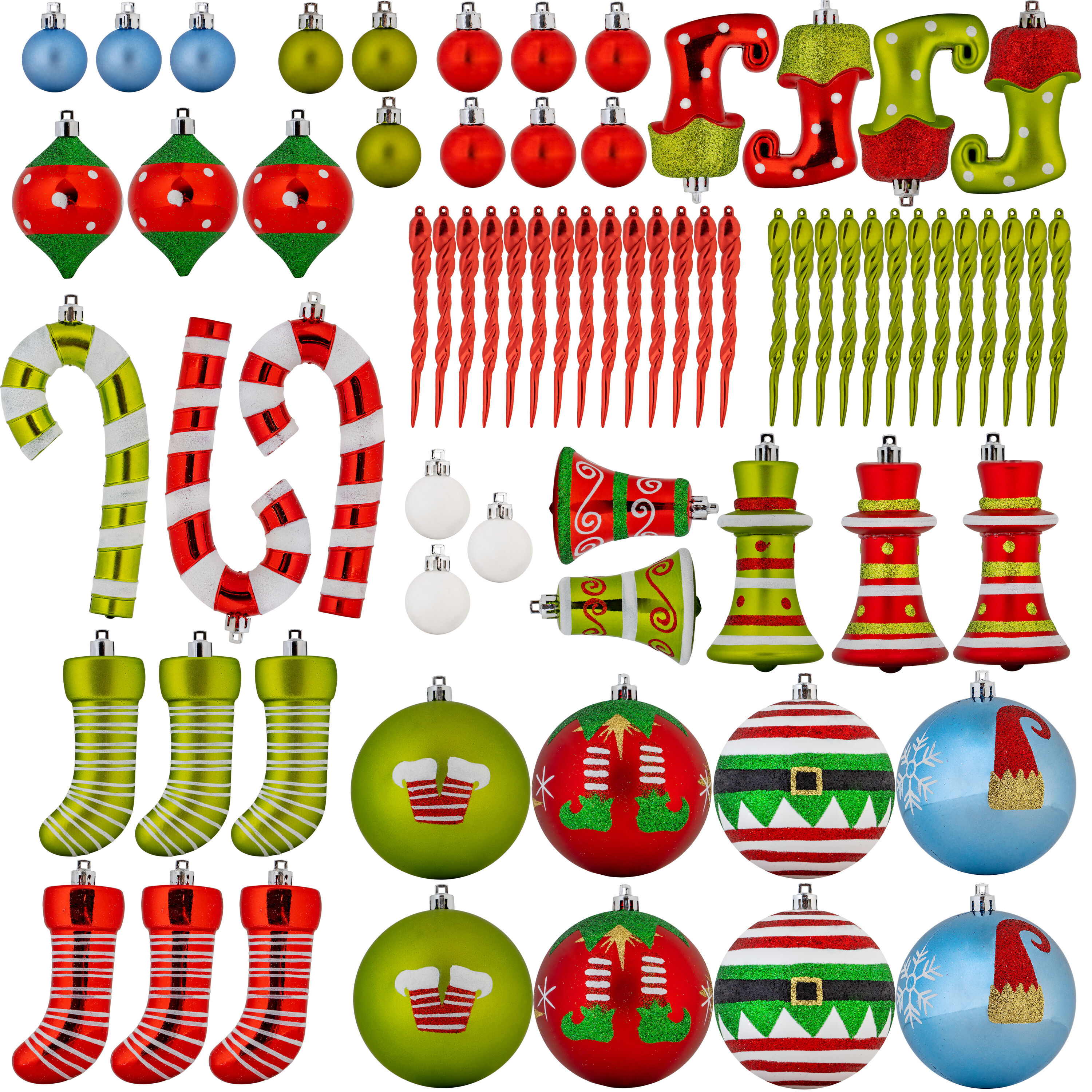 Elf Themed Shatterproof Plastic Christmas Ornament Set - 67 Pieces
