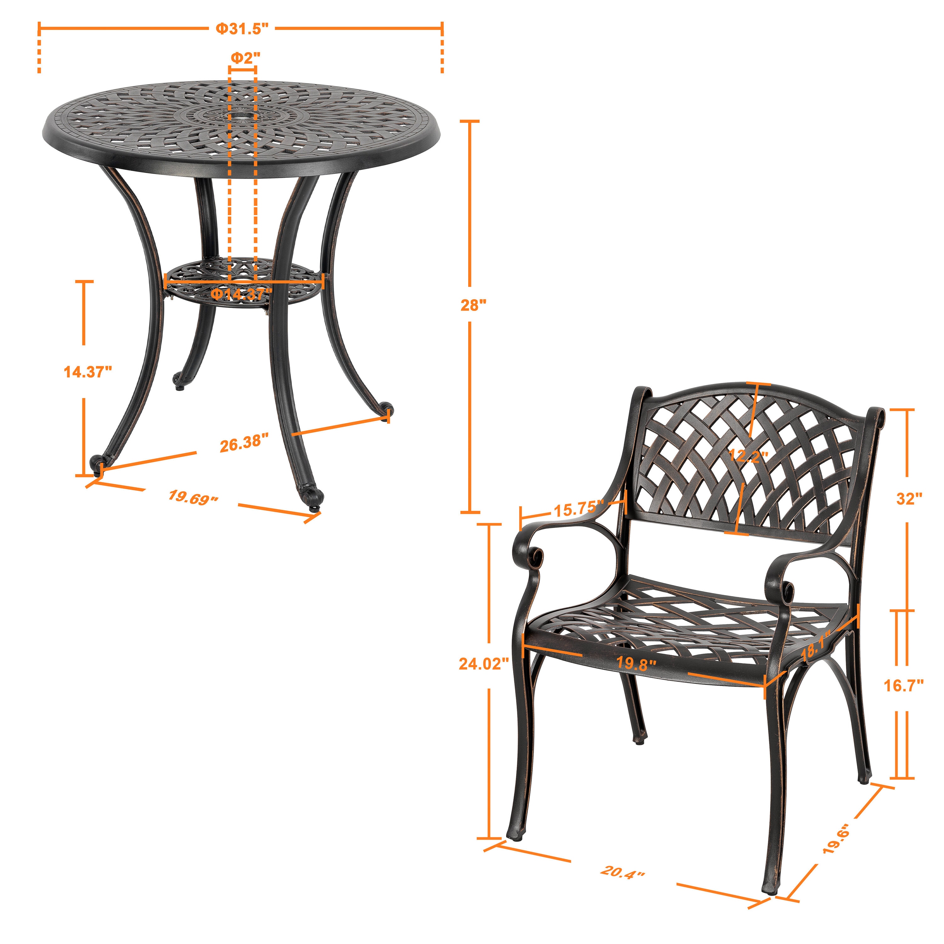 Nuu Garden Black Aluminum 3-Piece Bistro Patio Dining Set with Gold ...