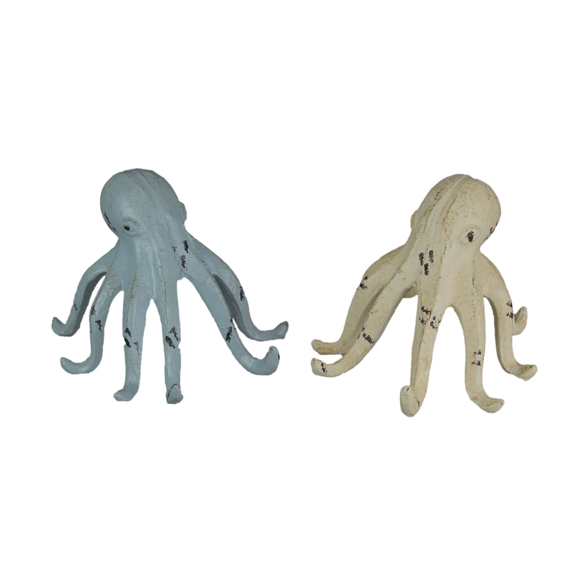 Things2Die4 MRC-11505-WT-LBU-SET Set of 2 Weathered Cast Iron Octopus Tabletop Statues Light Blue and White