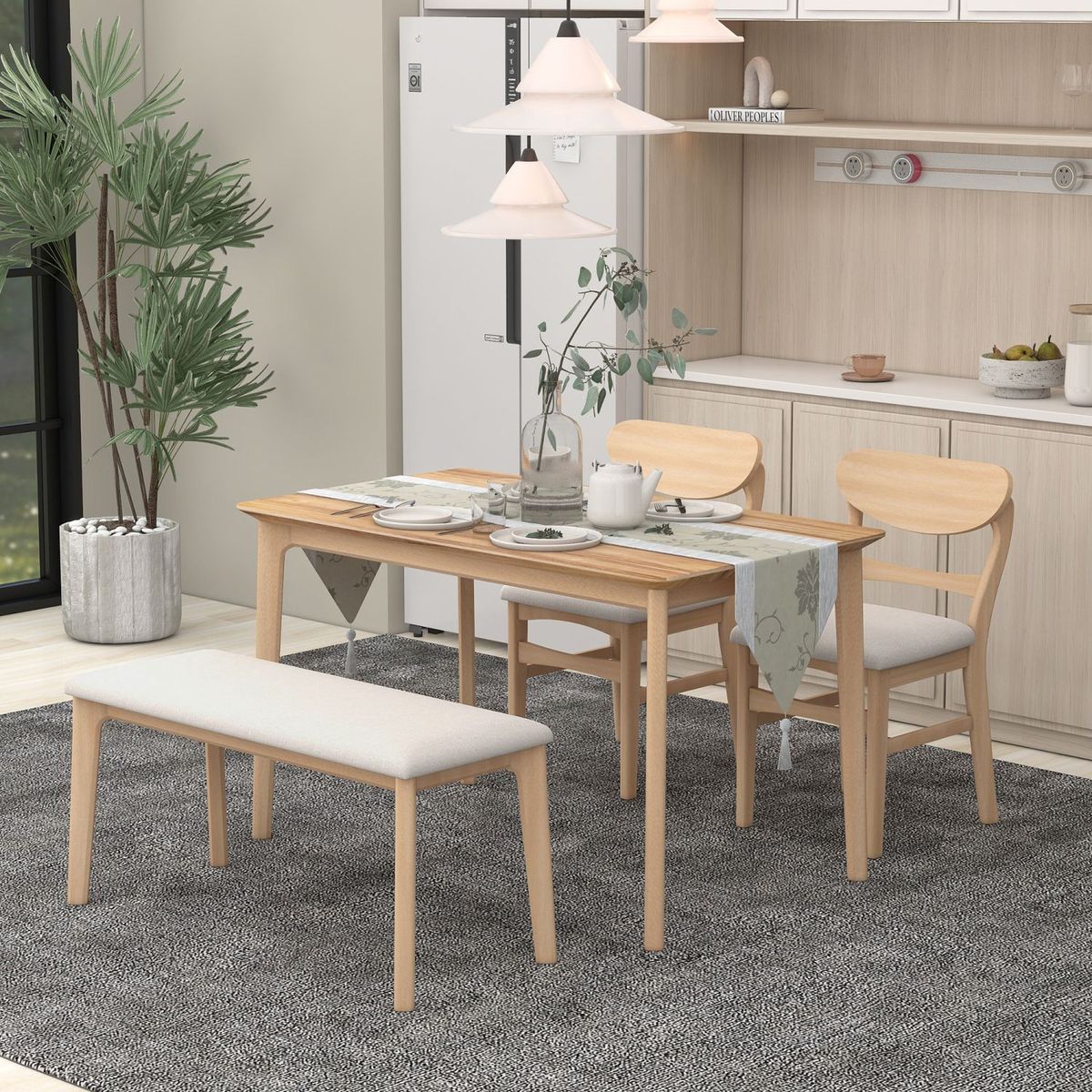 JASMODER ST000019AAD Dining Table Set For 4, Kitchen Table With 2 Chairs And 1 Bench, Solid Wood Frame And Soft Cushion For Small Space, Dining Room, Office (Natural Wood Wash)