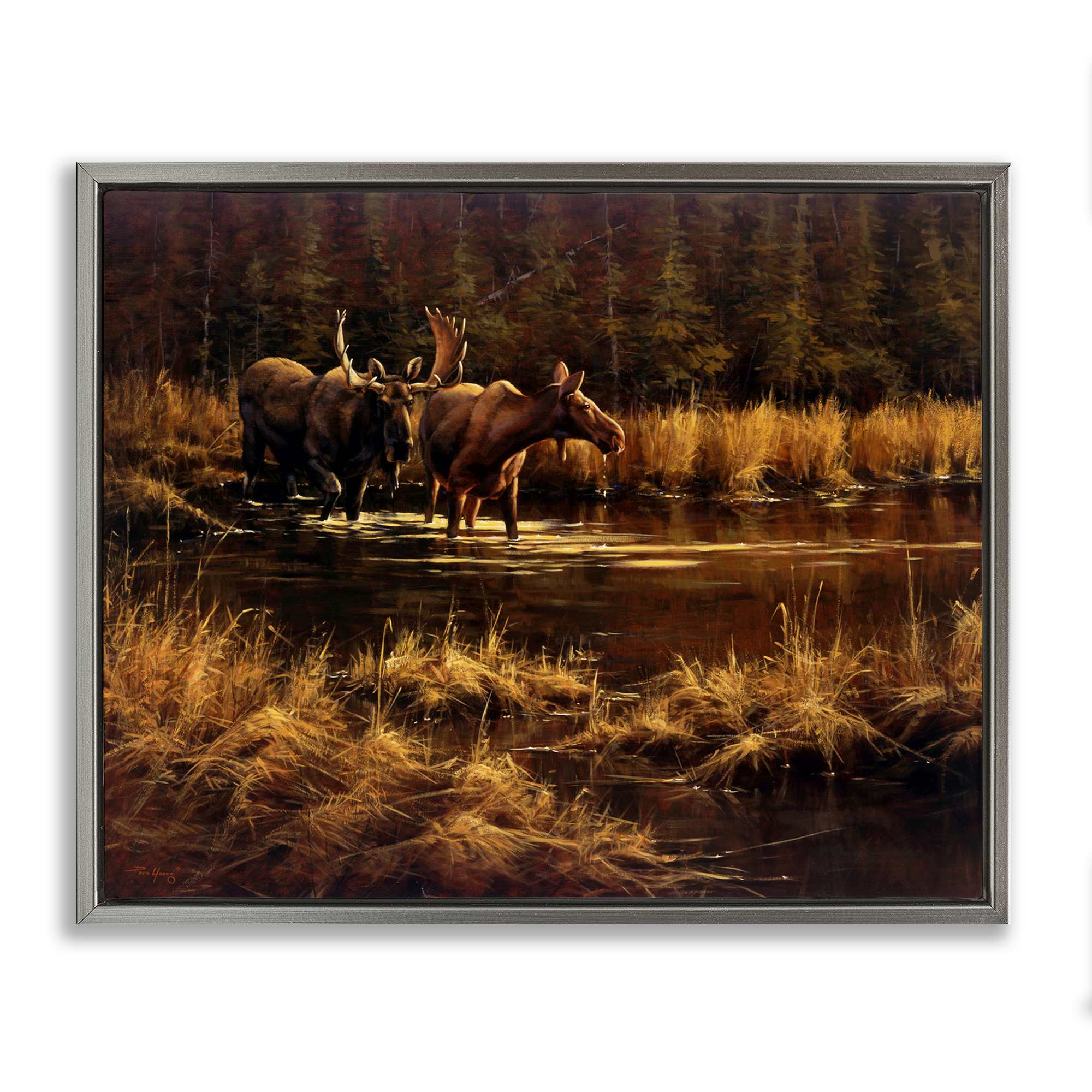 Stupell Industries BT-259-FFL-16X20 Moose Pair at Stream Floating Frame design by Paco Young