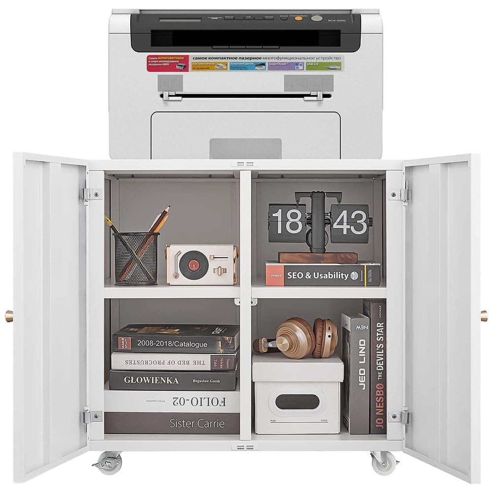 JUJABU CABINET-5 White Home Office Printer Stand with Wheels Mobile Lateral Filing Cabinet with Open Storage Shelf