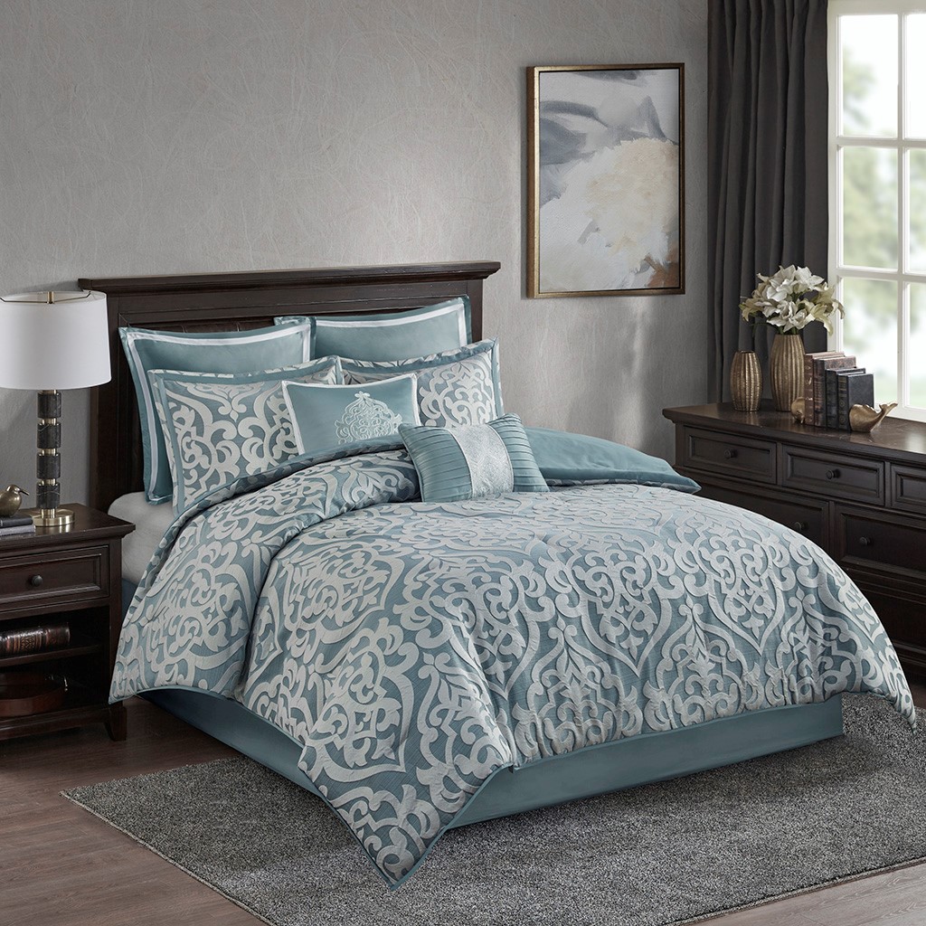 FAVSH 8 Piece Jacquard Comforter Set Aqua or Silver Queen