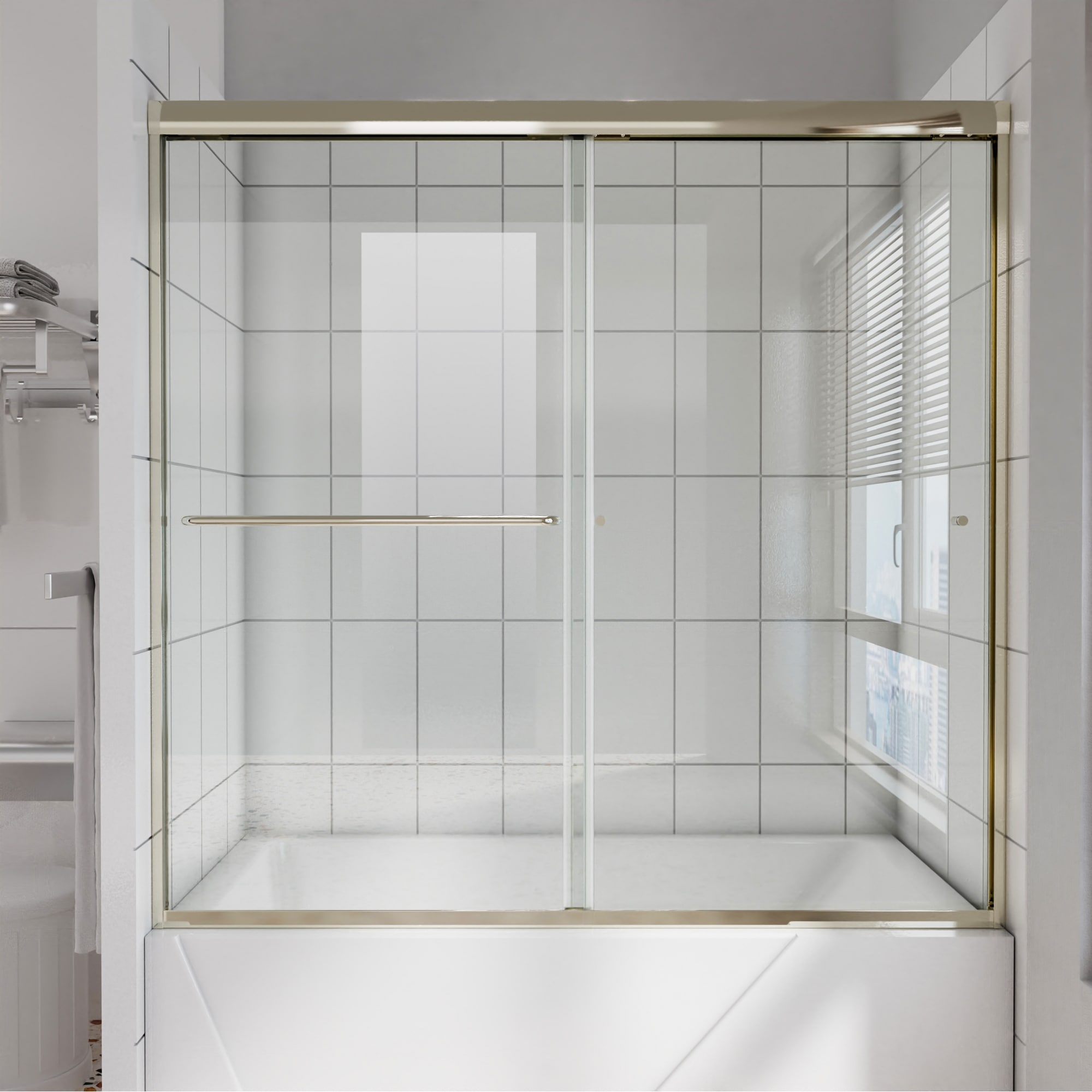 AAZJ JKF-MD04-3036SF1 V15 Track Sliding Tub Door Brushed Nickel 54-in to 60-in W x 58-in H Semi-frameless Sliding Bathtub door