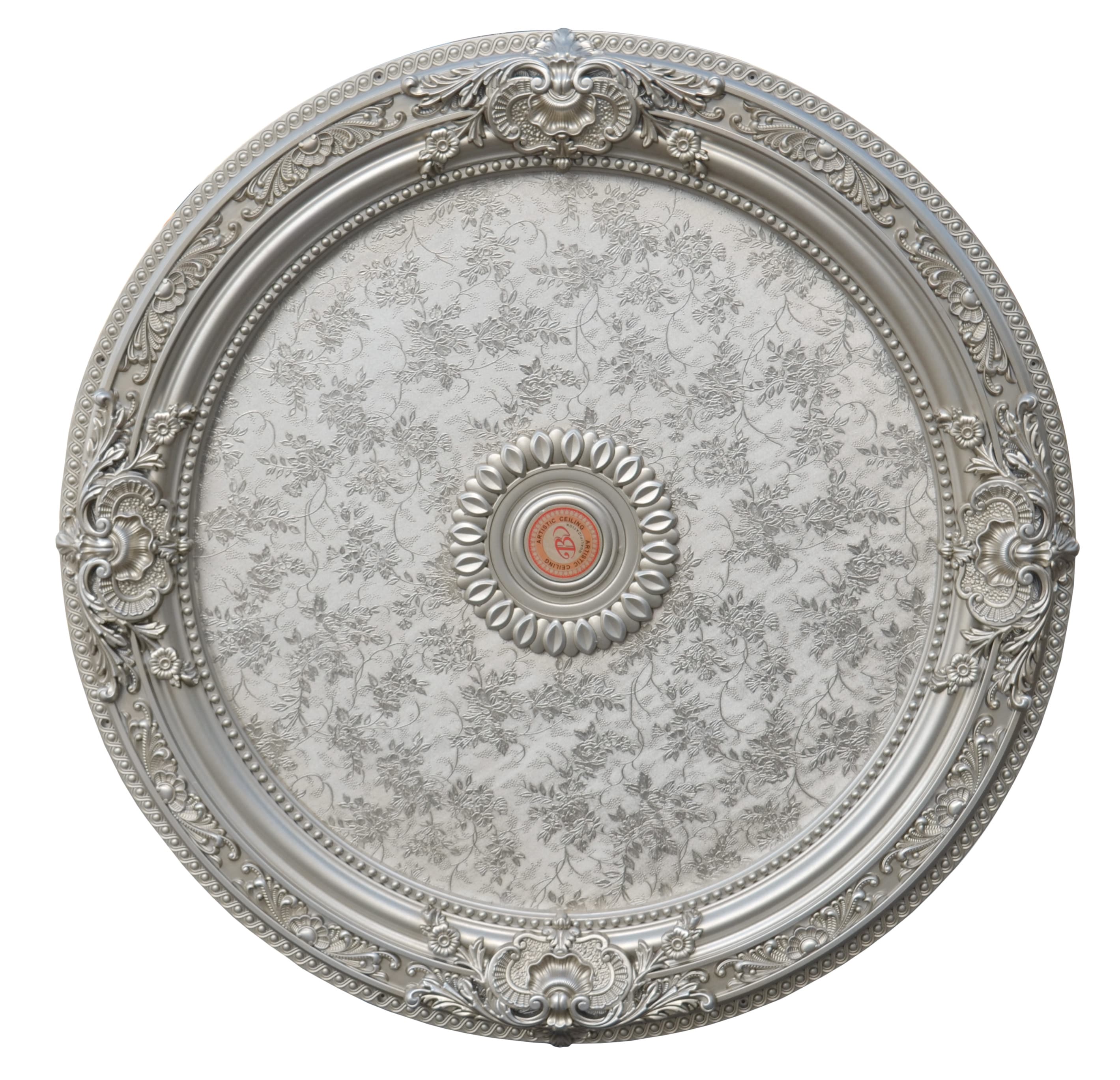 Antique Silver Round Chandelier Ceiling Medallion with Floral Design, 36 Inches