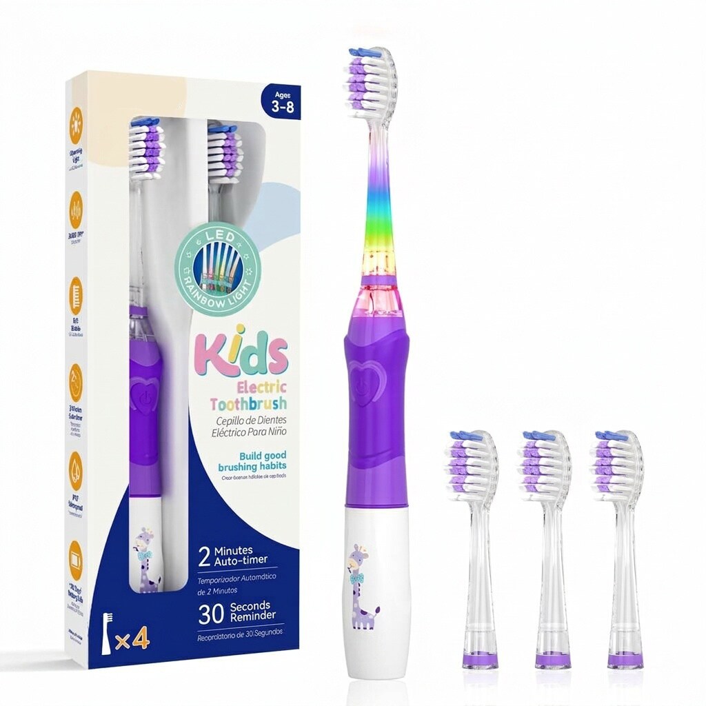 Phyfalip  Kids Electric Toothbrush with 2 Minute Timer Soft Bristles LED Light IPX7 Waterproof Purple for Girls Ages 4 to 12 4 pcs Heads