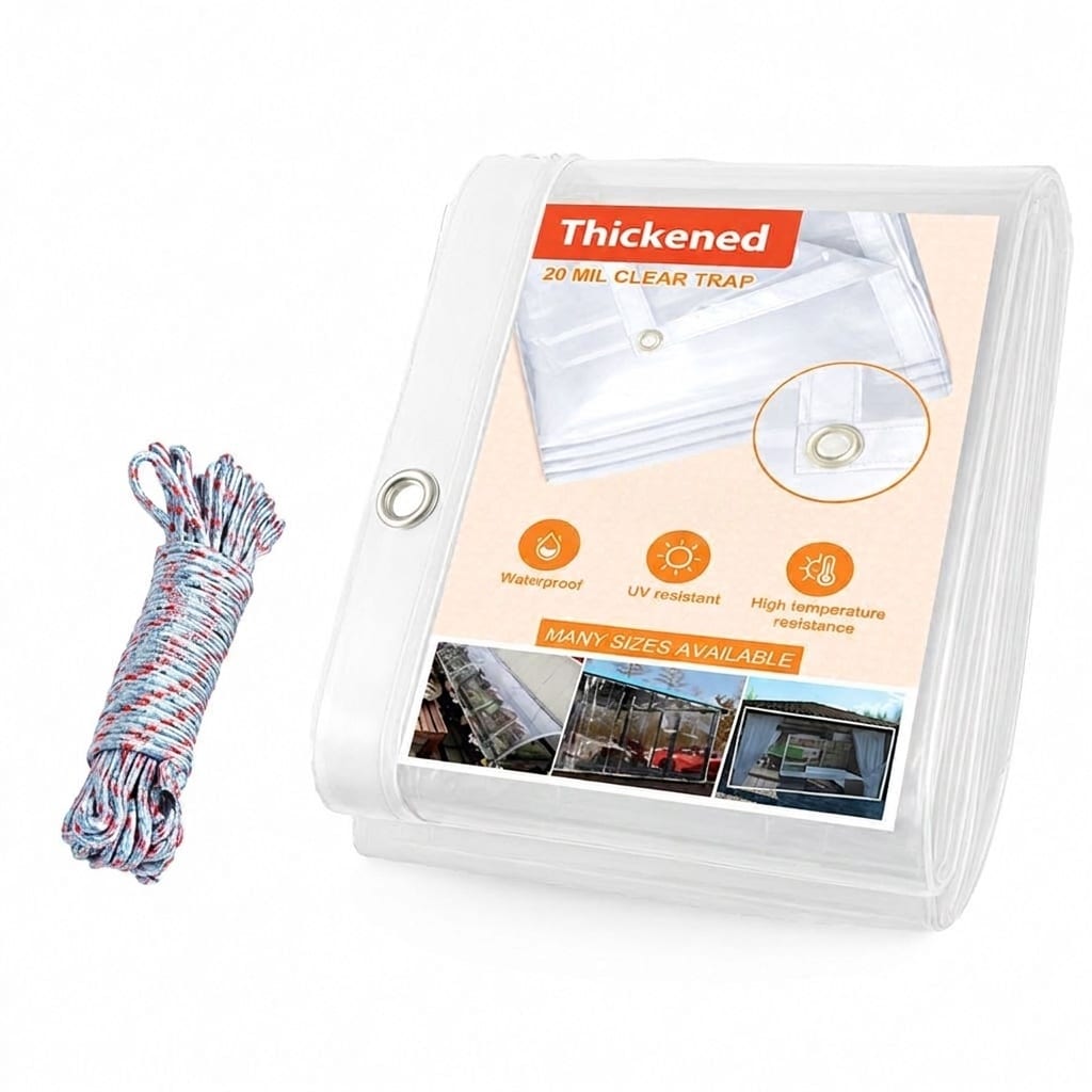 Aoibox  20 Mil Heavy Duty Clear PVC Tarpaulin 8 x 8 ft Waterproof Transparent Vinyl Cover with Reinforced Edges