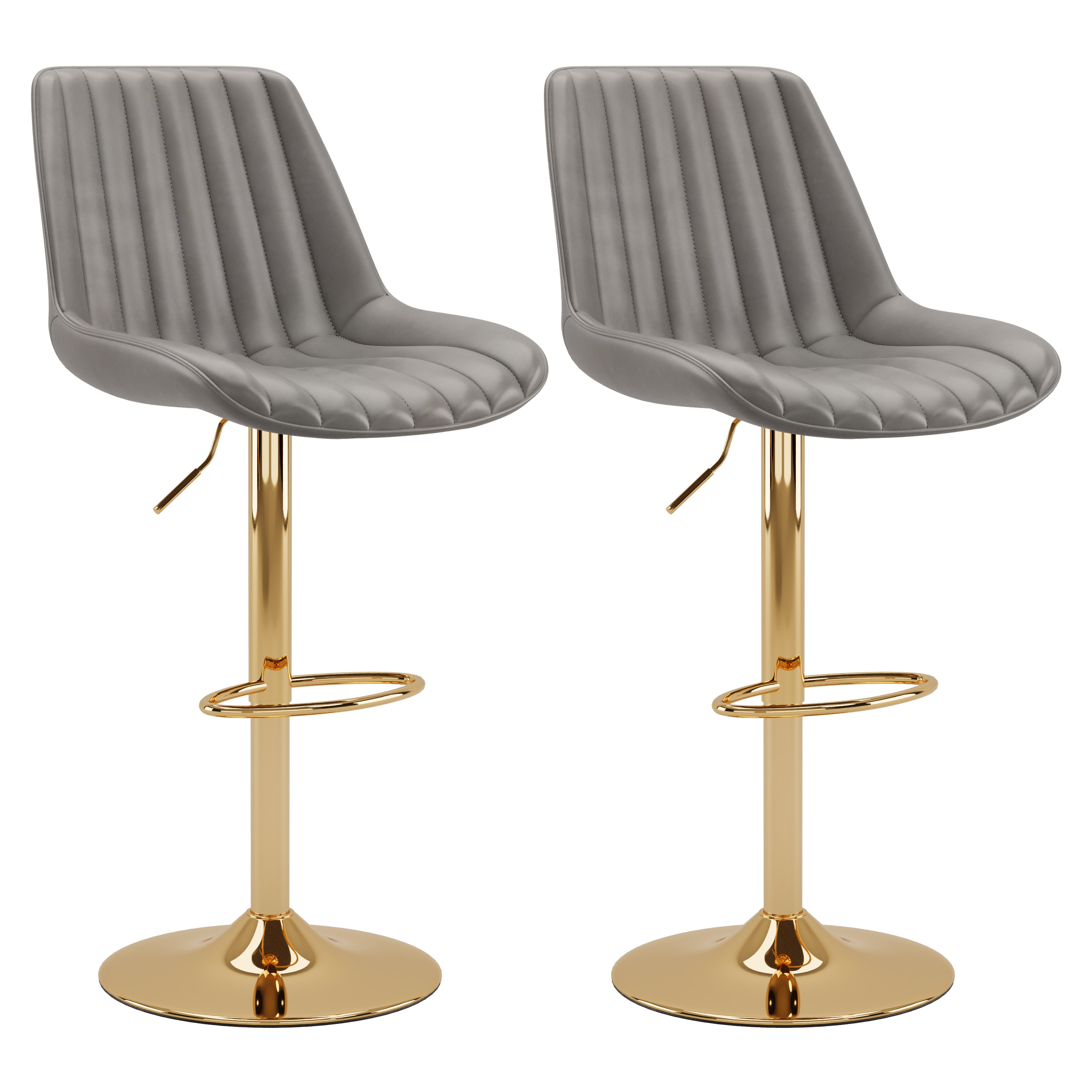 Adjustable Grey Vegan Leather Swivel Bar Stools with Gold Base - Set of 2