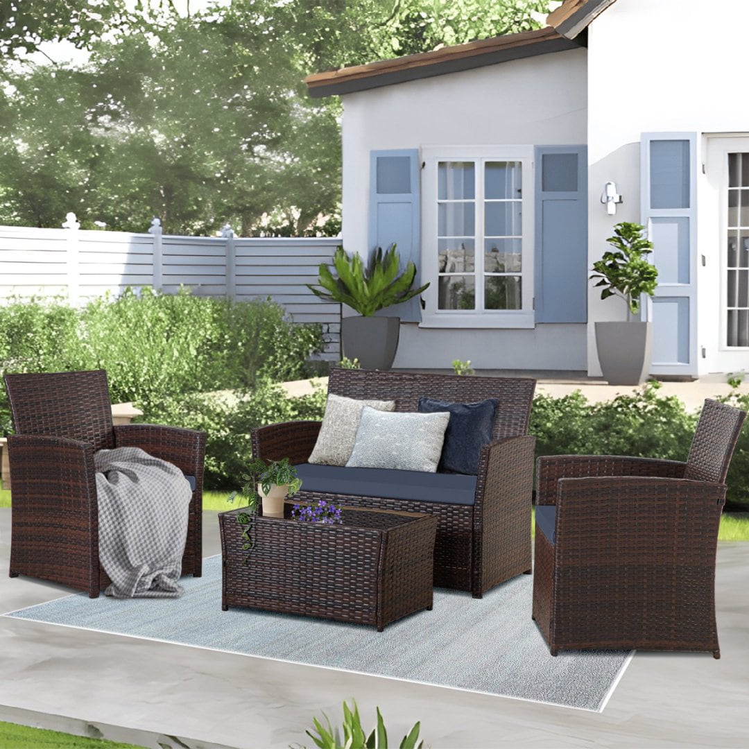 EarlGrove LS-SJT002BRBL 4 -Piece Wicker Patio Conversation Set with Blue Cushions