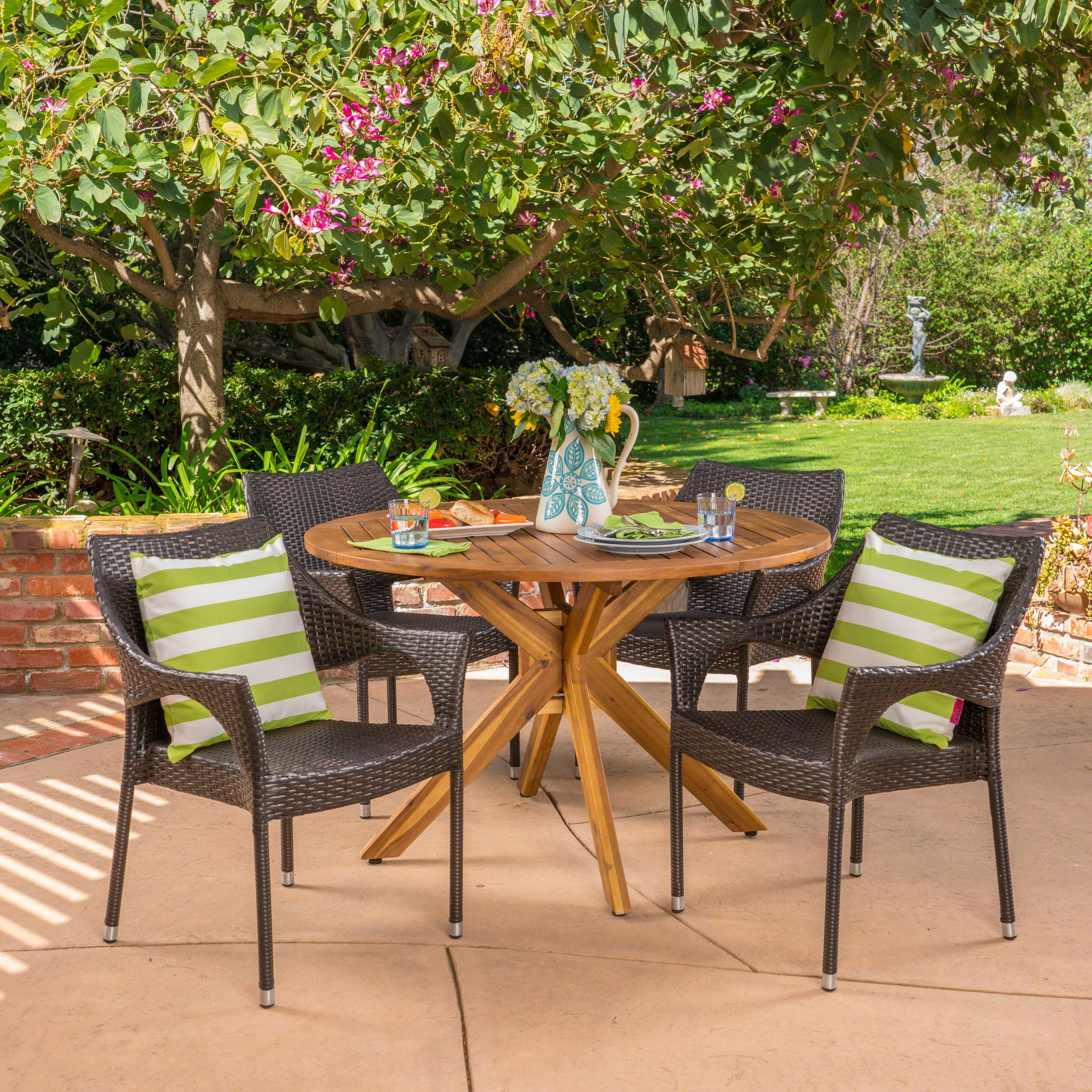 Christopher Knight Home 304191 Natividad Outdoor 5 Piece Wicker Dining Set with Teak Finish Circular Acacia Wood Dining Table Multibrown