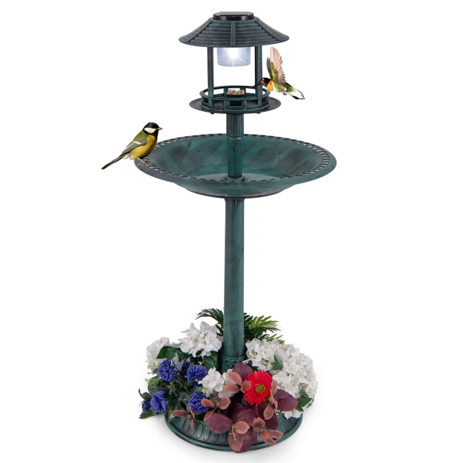 SUGIFT 20-in W x 20-in D x 42-in H Solar Bird Bath with LED Light 3-in-1 Pedestal Birdbath Bird Feeder and 14.5-in dia Flower Planter with 1.3-gal Bowl 4 Drainage Holes 3 Ground Stakes Molded PP Construction for Garden Lawn and Patio Decor in Green
