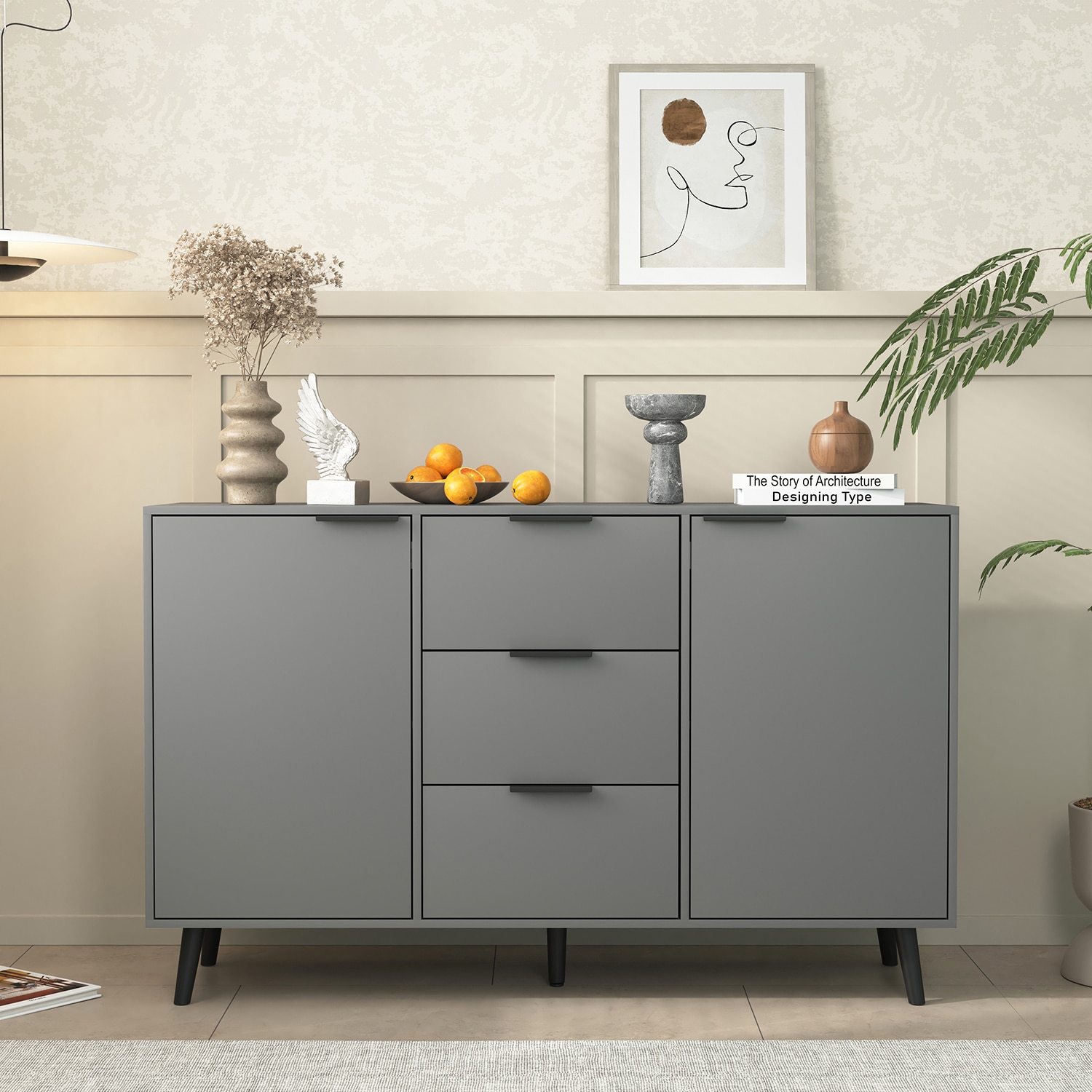 GZMR GZ-W19AAB 47.2" Kitchen Cabinet with 3 Drawers 2 Doors Contemporary/Modern Gray Sideboard