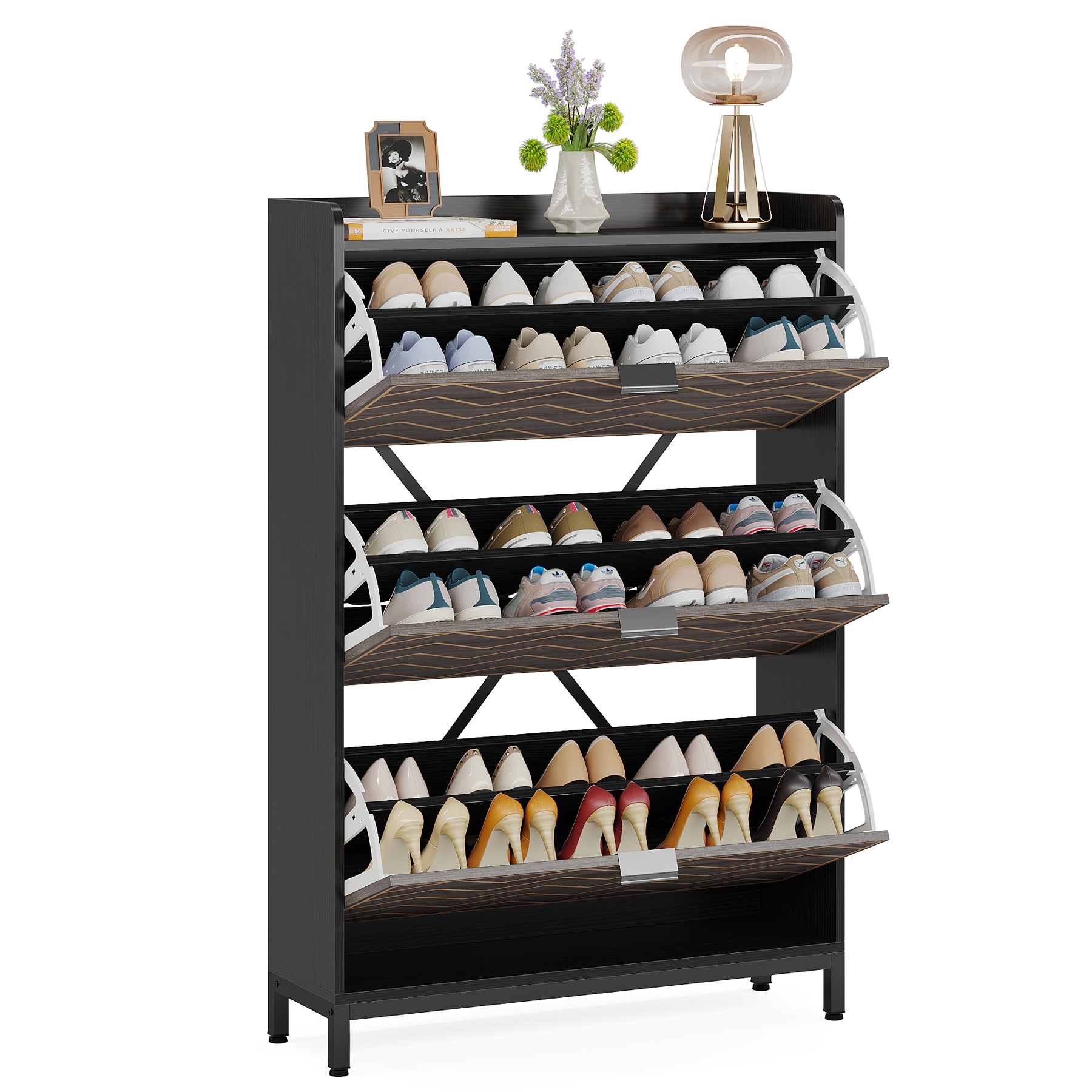 Tribesigns 8 Tier White MDF Shoe Cabinet, 24 Pair Shoe Storage Organizer  with Hooks, Durable Construction