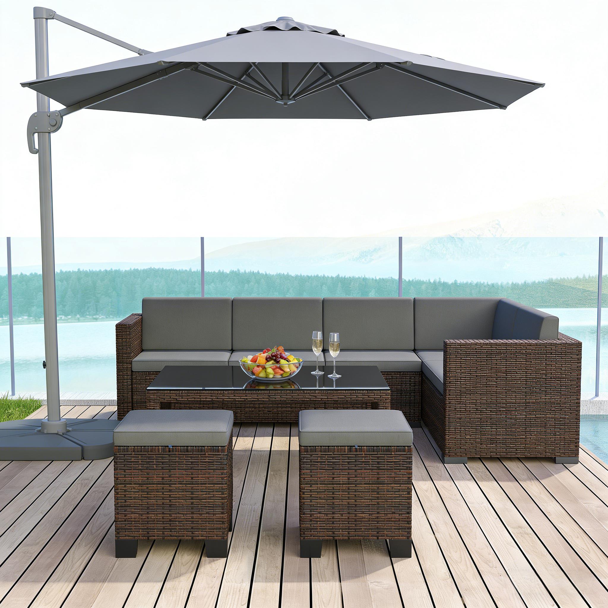 GDFStudio 371513 Linden Outdoor Versatile 15.7-inch Square Faux Wicker Steel Frame Ottoman Set with Removable Zippered Cushions and Soft Spash-Resistant Fabric - Brown and Gray  (Set of 2)