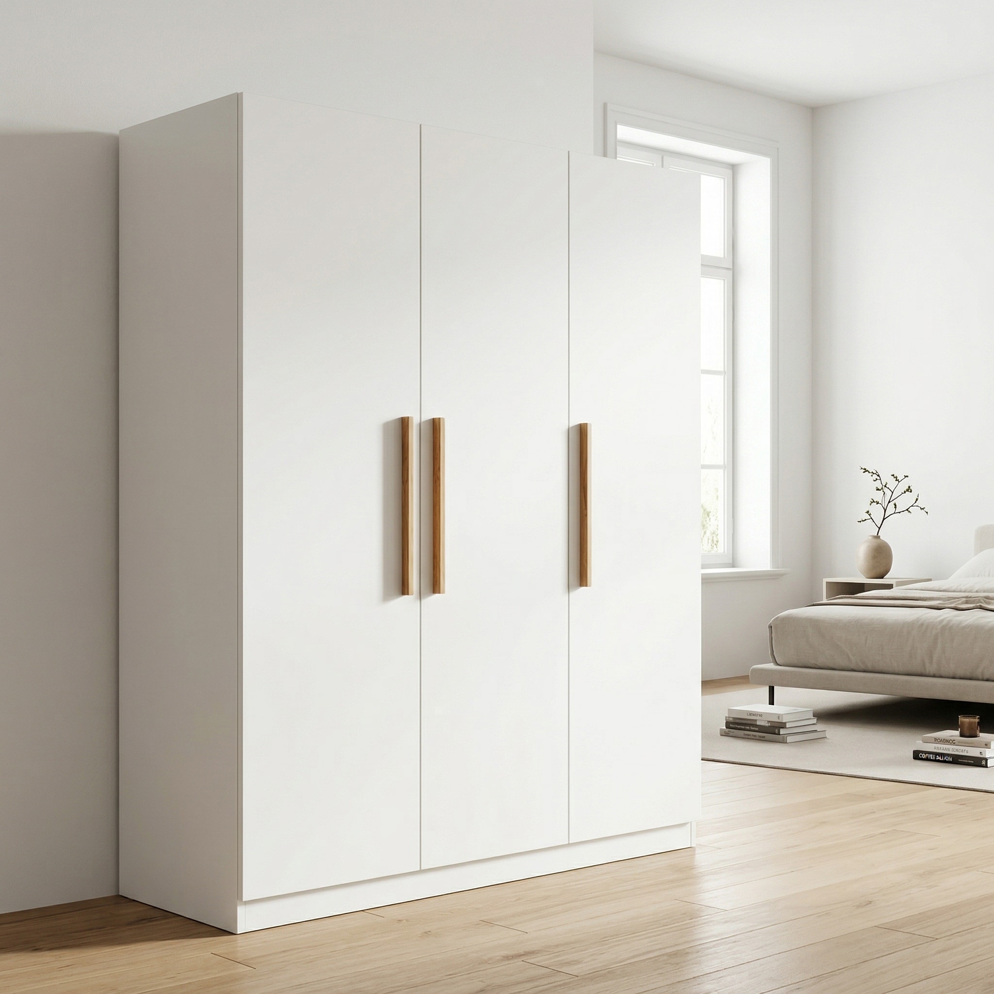 Homsee 3-Door Armoire Wardrobe with Hanging Rod and Shelves Bedroom Closet Organizer with Solid Wood Handles 47.2''L x 19.7''W x 70.9''H White