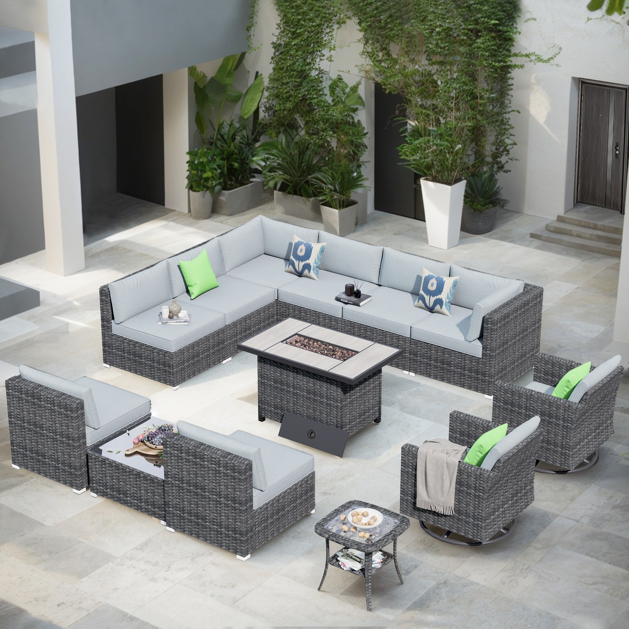 Pouuin SYZRFPHOP4-7-BOX3 Wicker Outdoor Sectional with Gray Cushions and Wicker Frame
