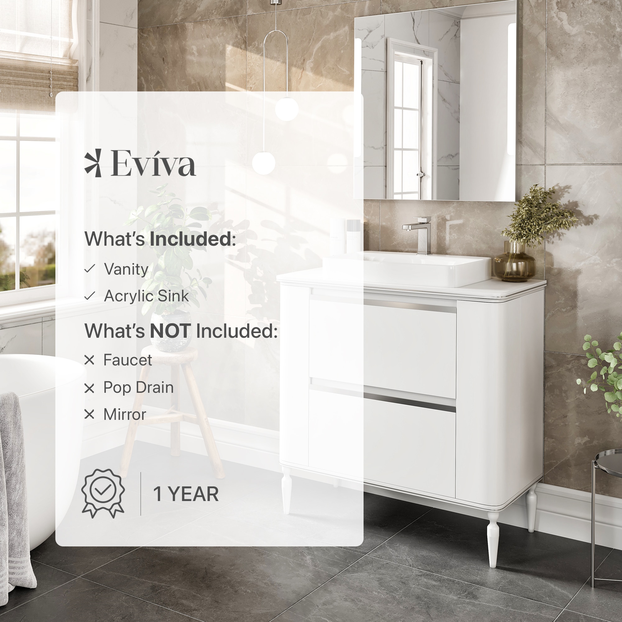 Eviva Duva 40" White Acrylic Freestanding Bathroom Vanity