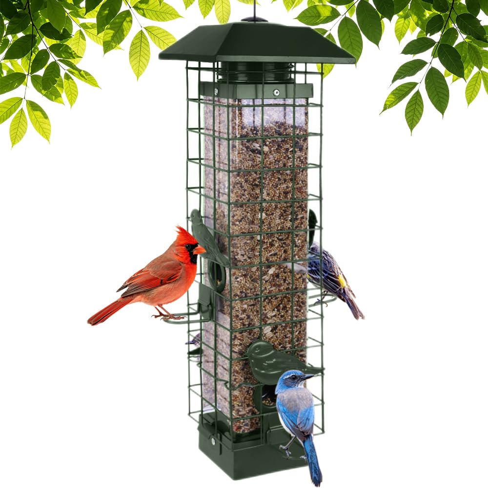 Adrinfly -  Squirrel Proof Bird Feeder Metal Outdoor Hanging Feeder with Four Feeding Ports Large...