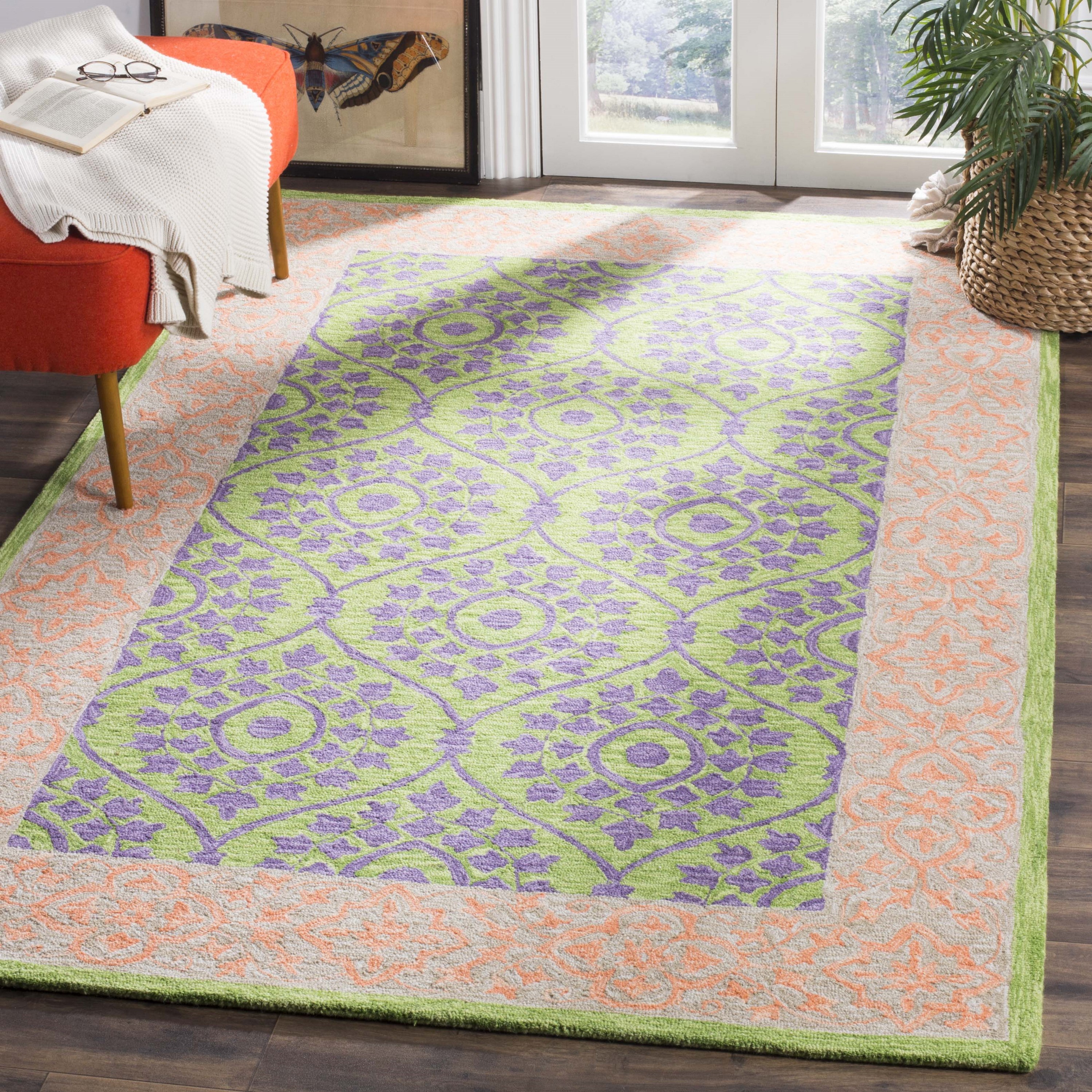 Green and Violet Hand-Knotted Wool Area Rug 8' x 10'