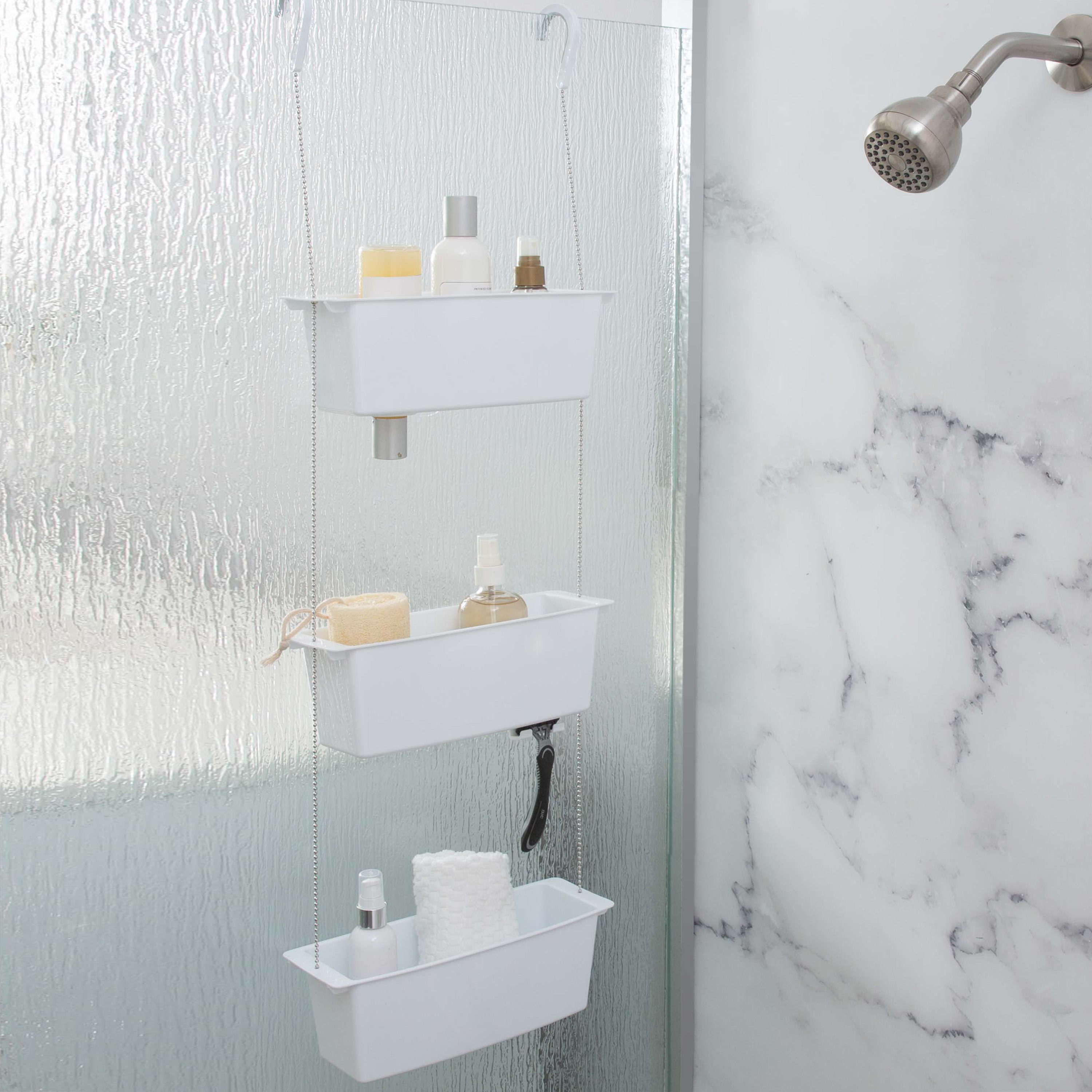 Hanging White Metal Shower Head Caddy Bathroom Storage Bath Shelf Orga