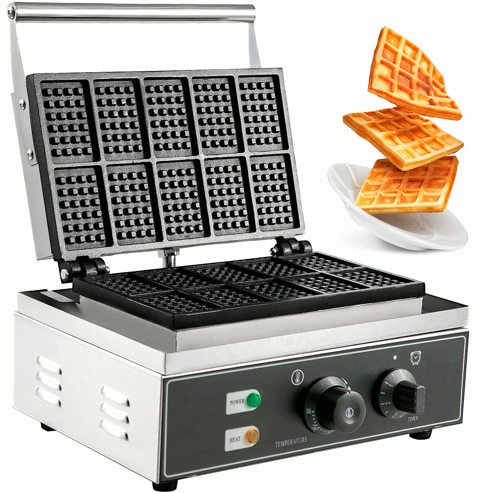 VEVOR 1550W Stainless Steel Waffle Maker, 10PCs, Square Waffle Shape, Removable Plates, Flippable, Timer Knob