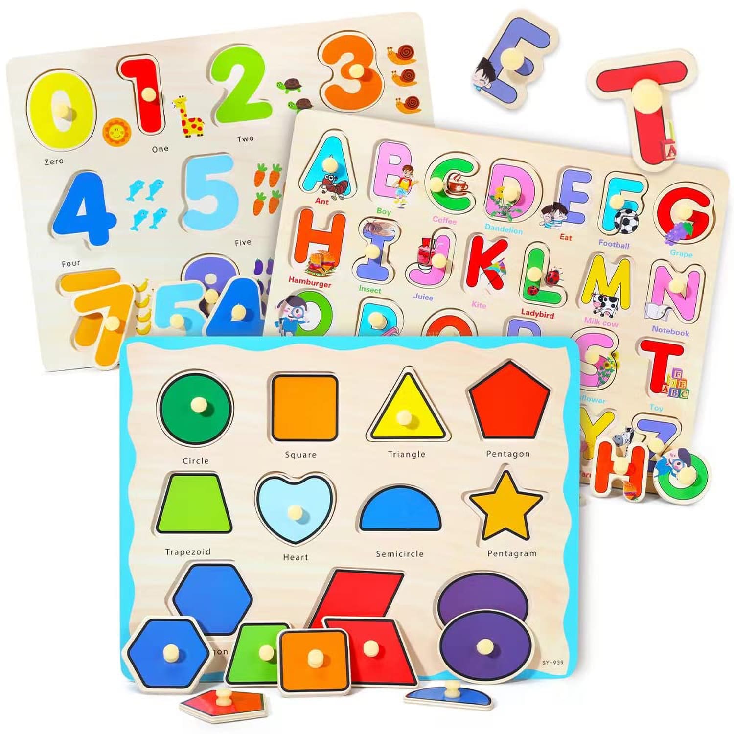 Aoibox  3 Piece Wooden Montessori Toddler Puzzle Set Number Letter Shape Educational Pegged Puzzles Natural Wood for Kids Ages 3 to 5