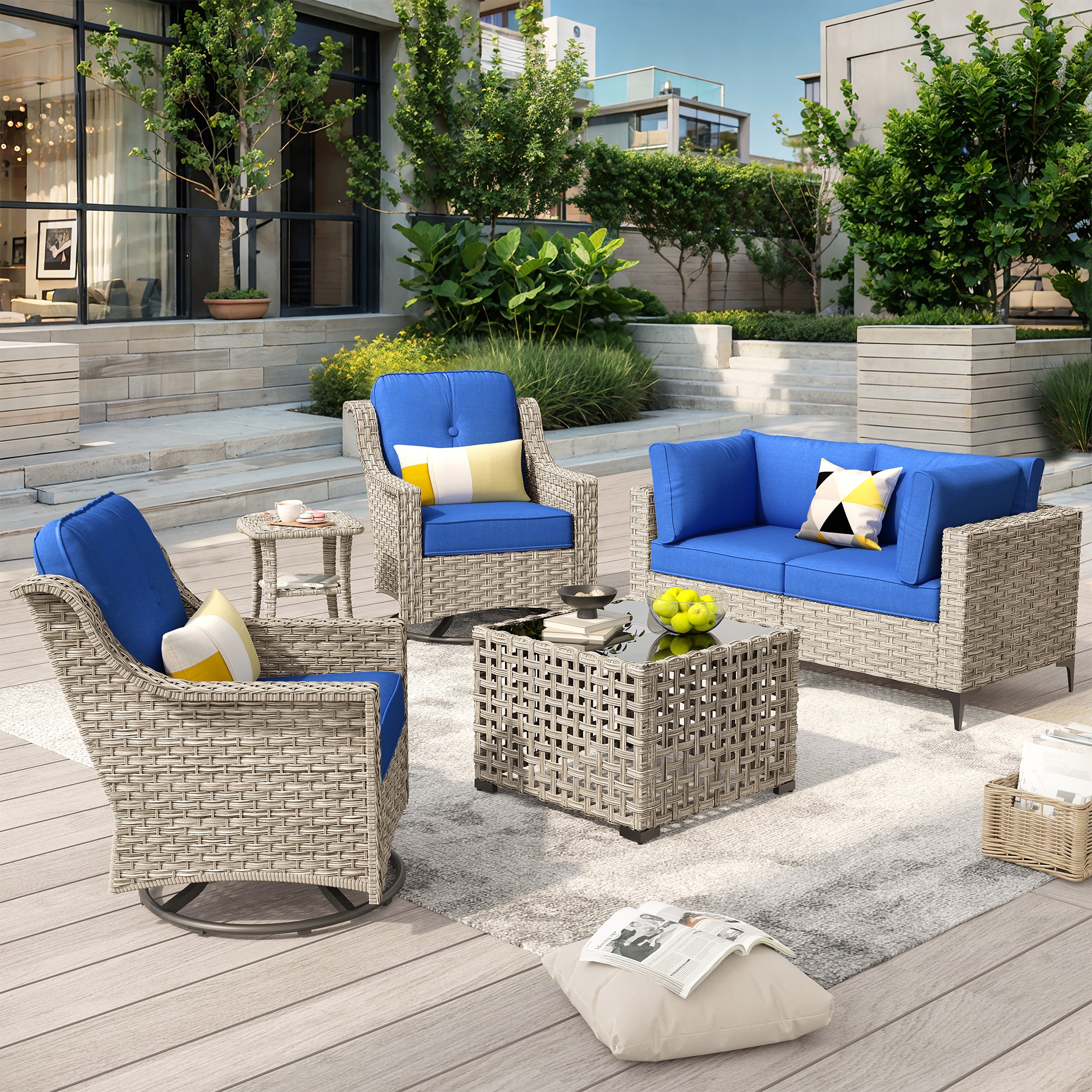 Caodoc L5-YZSKT706-1 SKT Wicker Outdoor Sofa with Blue Cushions and Wicker Frame