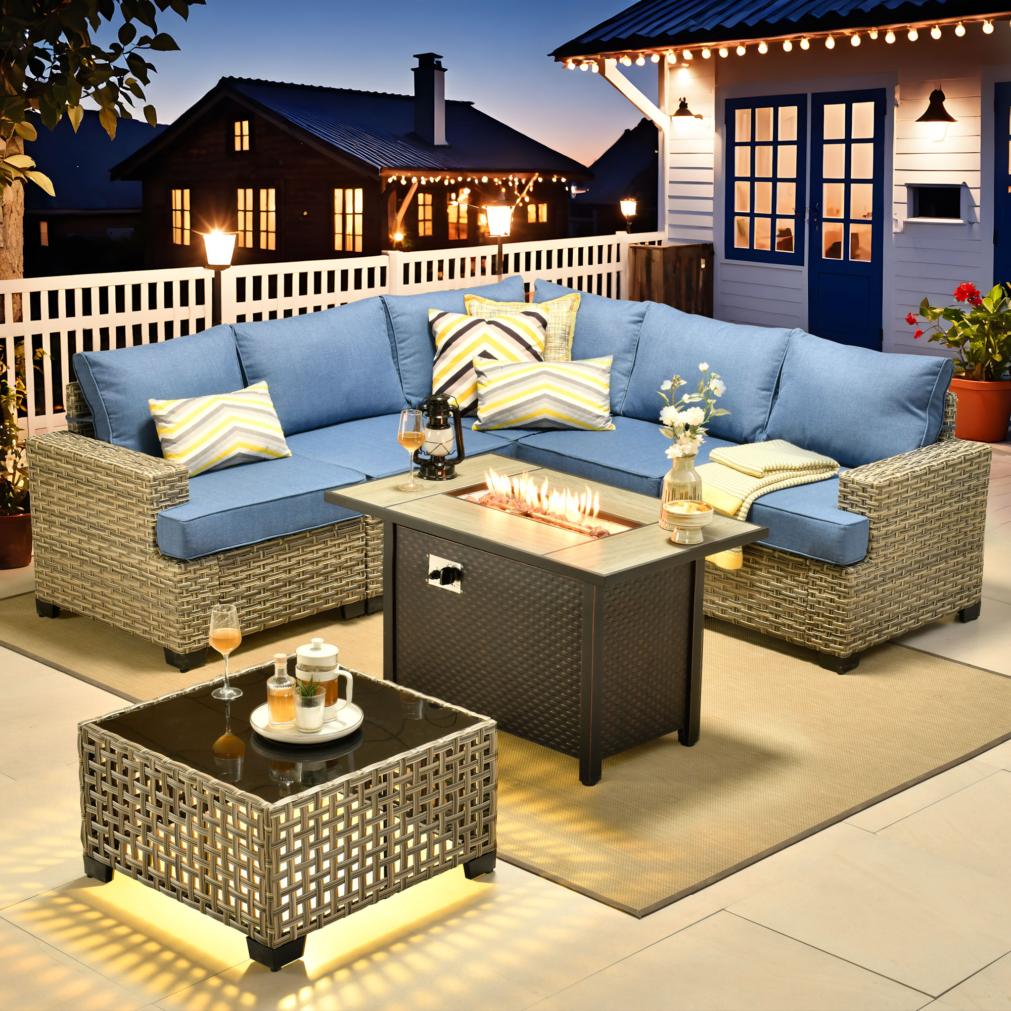 Caodoc L5-CFP03-TBS507-1 CFP03-TBS Wicker Outdoor Sectional with Blue Cushions and Wicker Frame