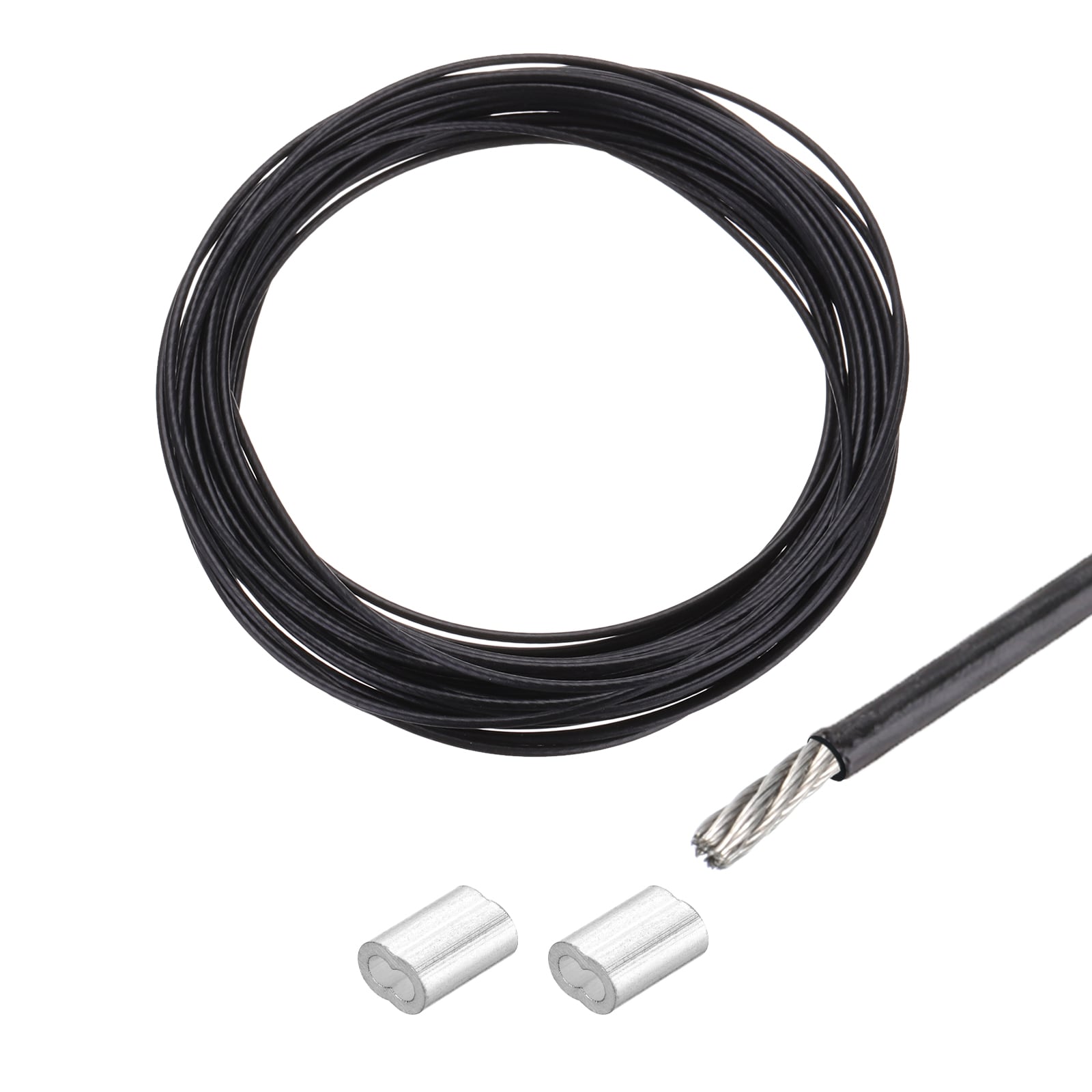 Unique Bargains 1 Set 16Ft(5M) Wire Rope 304 Stainless Steel Cable 1/32Inch (0.8 mm) Vinyl Coated with 2pcs Aluminum Sleeves for Hanging Clotheslines Lifting Black