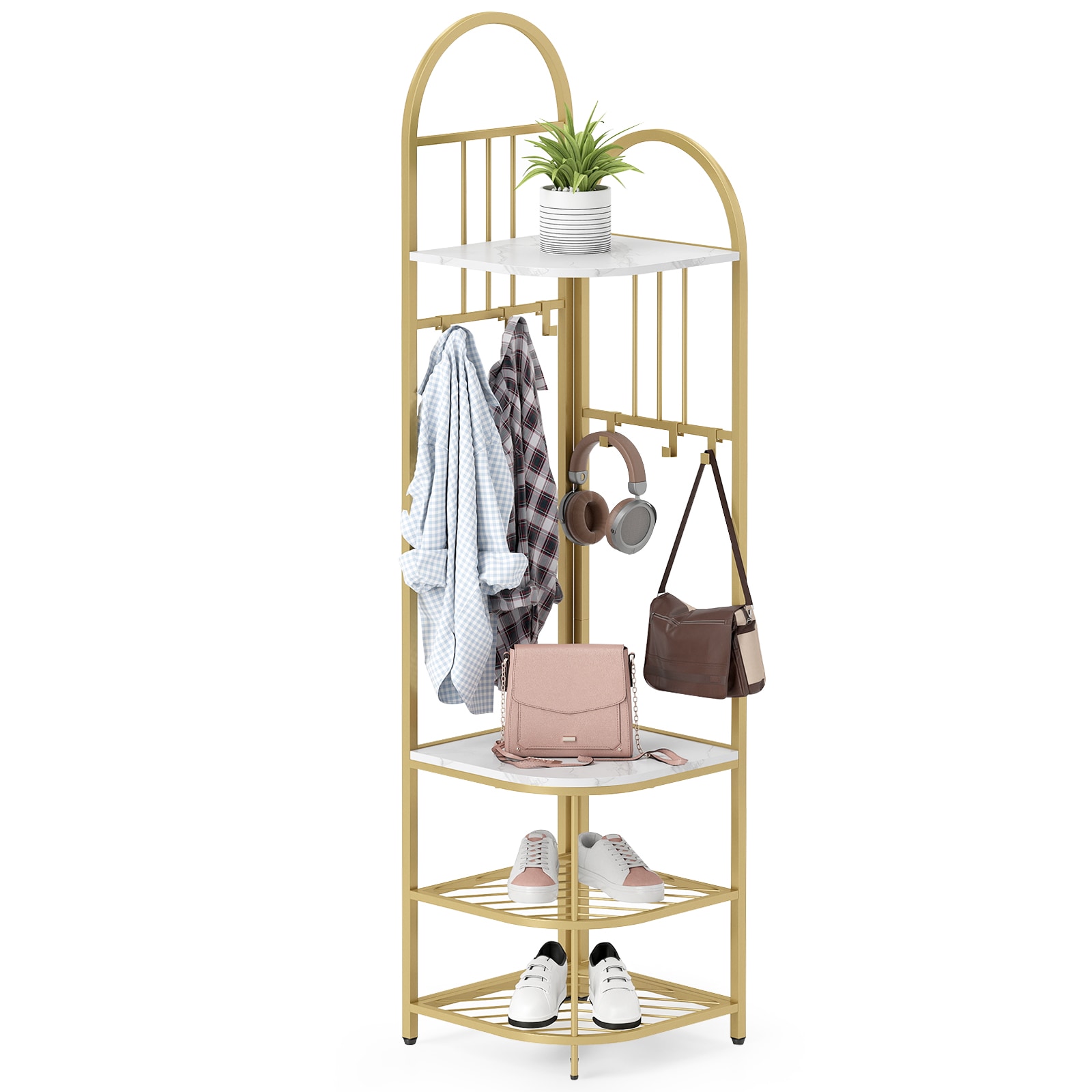 Slickblue Freestanding Coat and Shoe Rack - Contemporary 16.5-in Hall Tree Featuring Anti-Tip Safety Adjustable Foot Pads and Hanging Hooks for Entryway or Mudroom - Rustic Brown/White/Natural