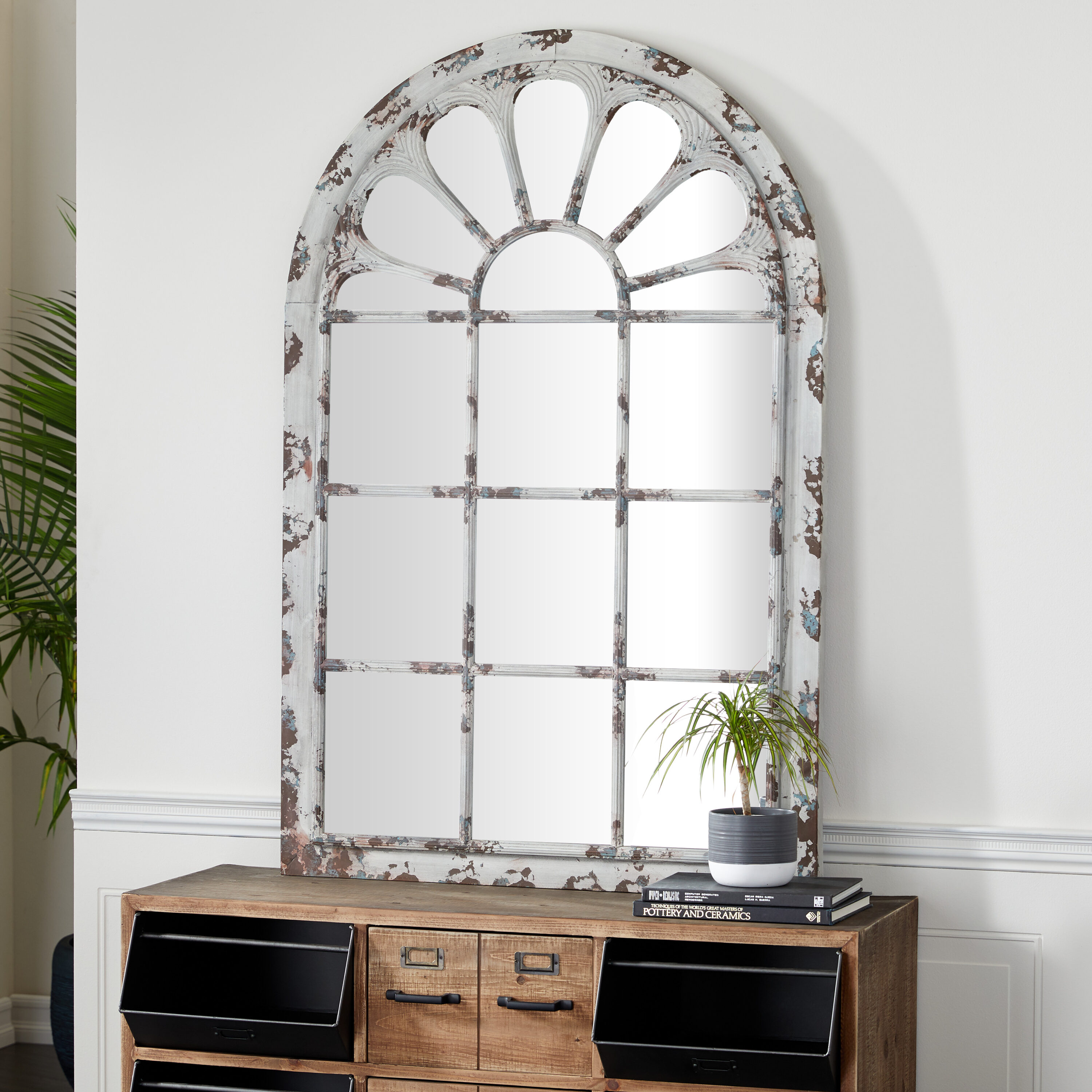 Grayson Lane 52781 34.31-in W x 51.88-in H Arch White Window Pane Inspired with Arched Top Framed Wall Mirror