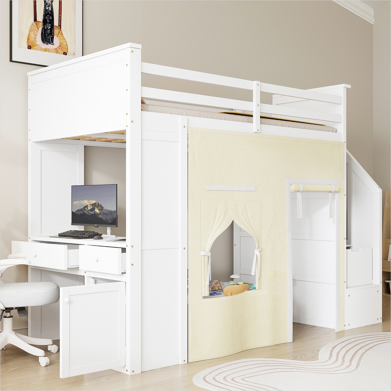 Naturefalls Twin Loft Bed with Desk Lockers and Storage Staircase in ...