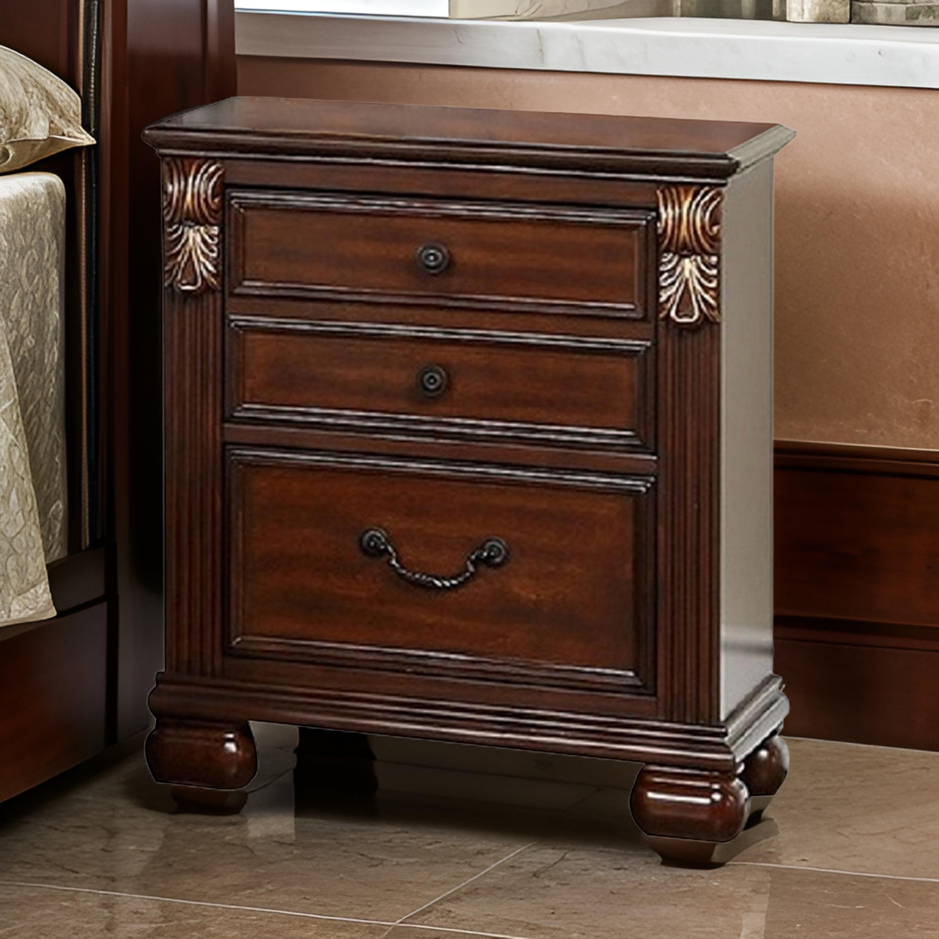 Miri 25 Inch 3 Drawer Nightstand with Brass Accents in Cherry Oak Brown