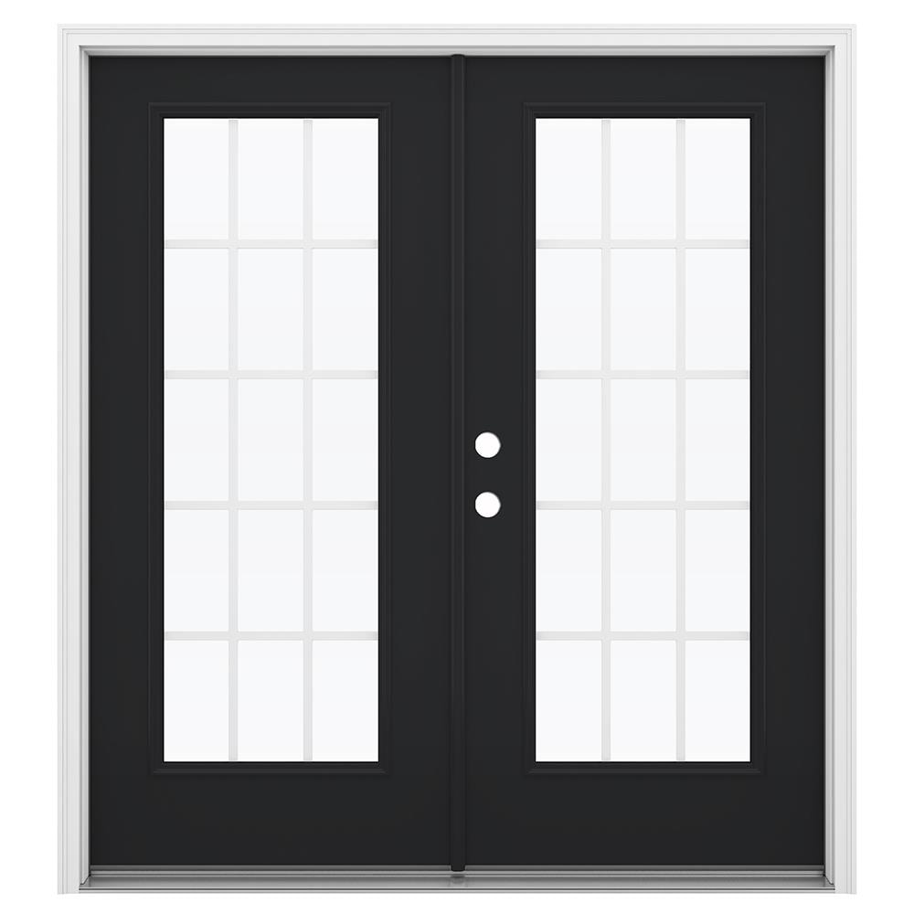 JELD-WEN LOWOLJW206000156 French 72-in x 80-in x 4-9/16-in Jamb Low-e Grilles Between The Glass Eclipse Steel French Right-Hand Inswing Double Patio Door Brickmould Included
