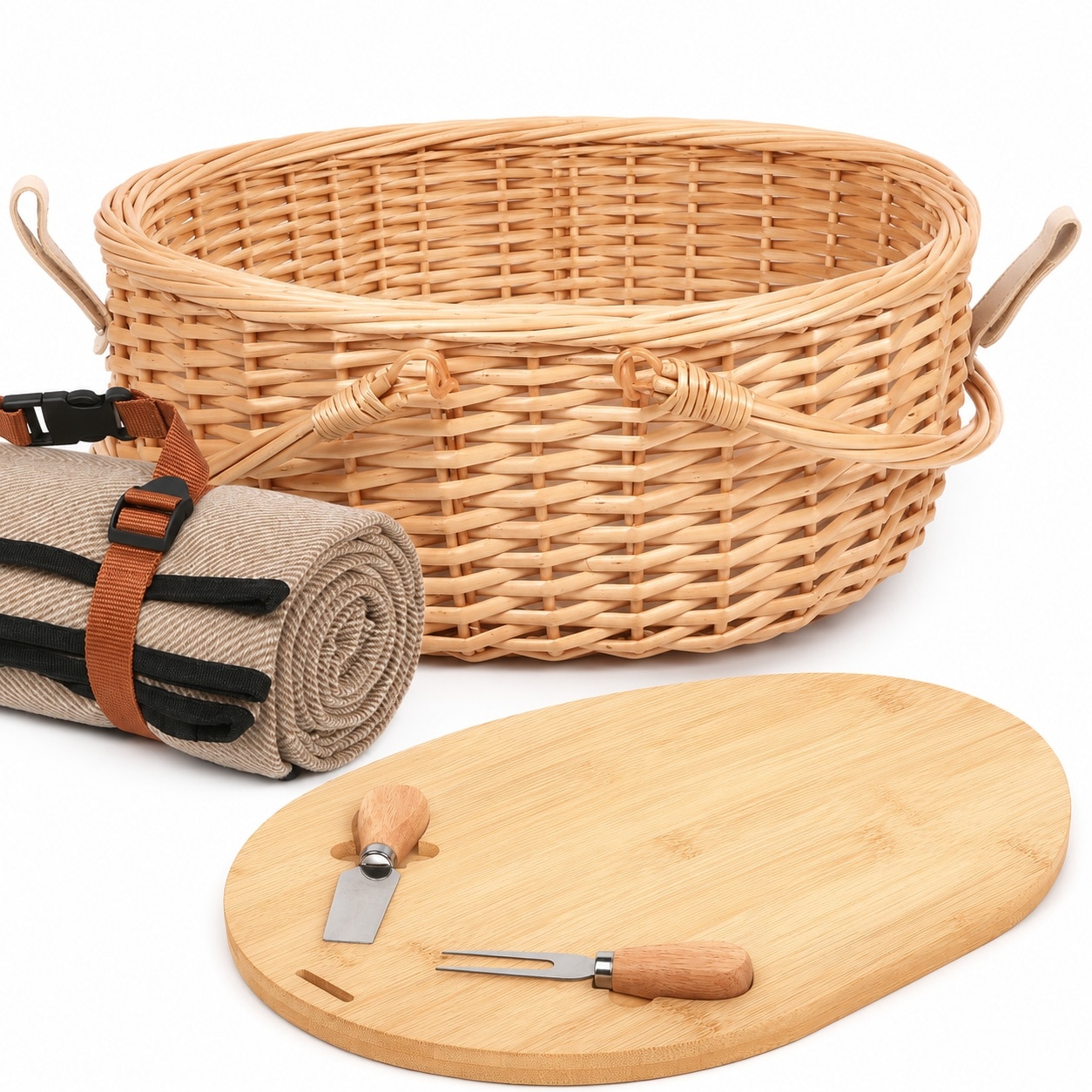 Aoibox  3 Piece White Wicker Picnic Basket Set with Bamboo Lid Cutting Board and Foldable Blanket for Home Use