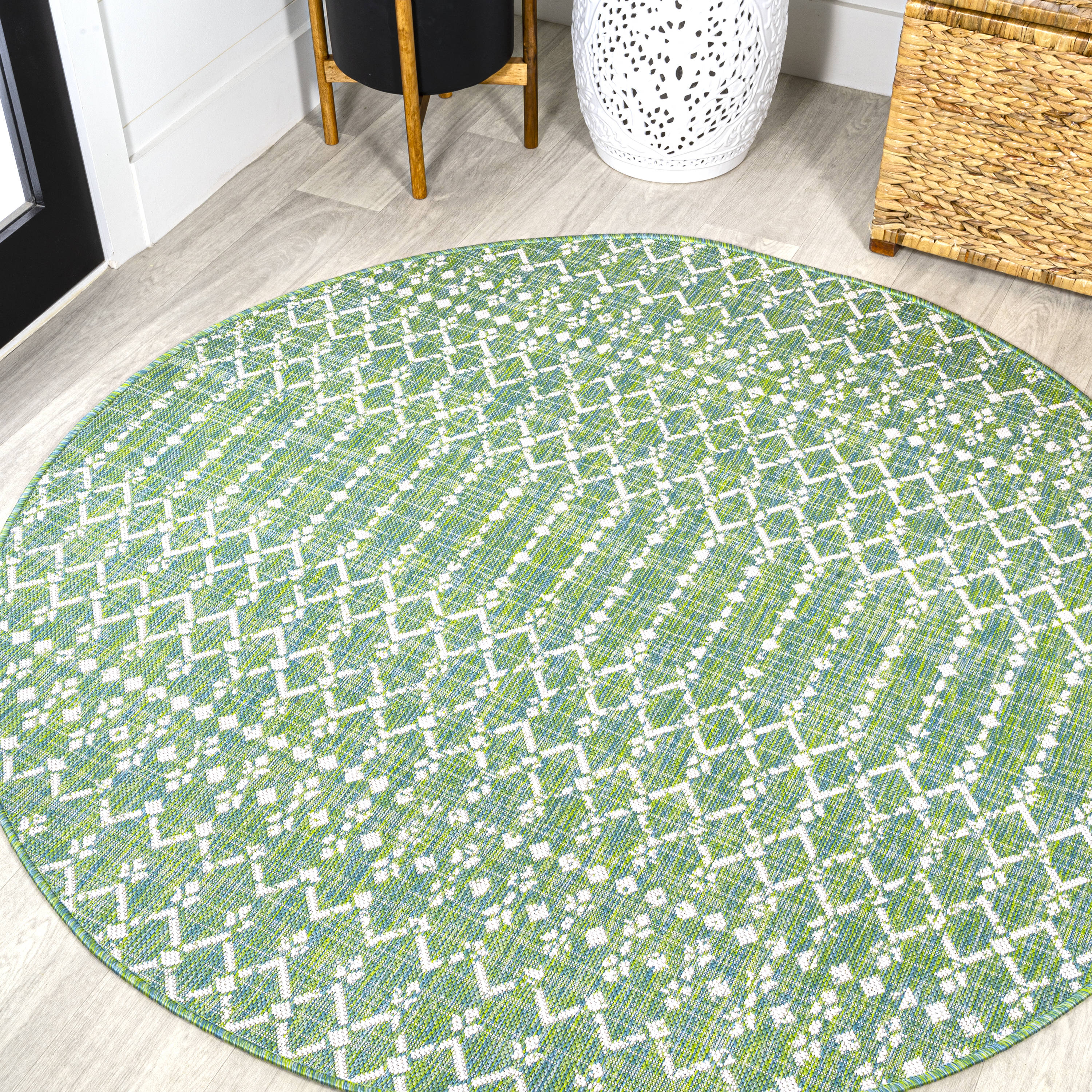 JONATHAN  Y SMB108L-5R Santa Monica Ourika Filigree Textured Weave 5 x 5 (ft) Loomed Polypropylene Green/Cream Round Indoor/Outdoor Trellis Coastal Area rug