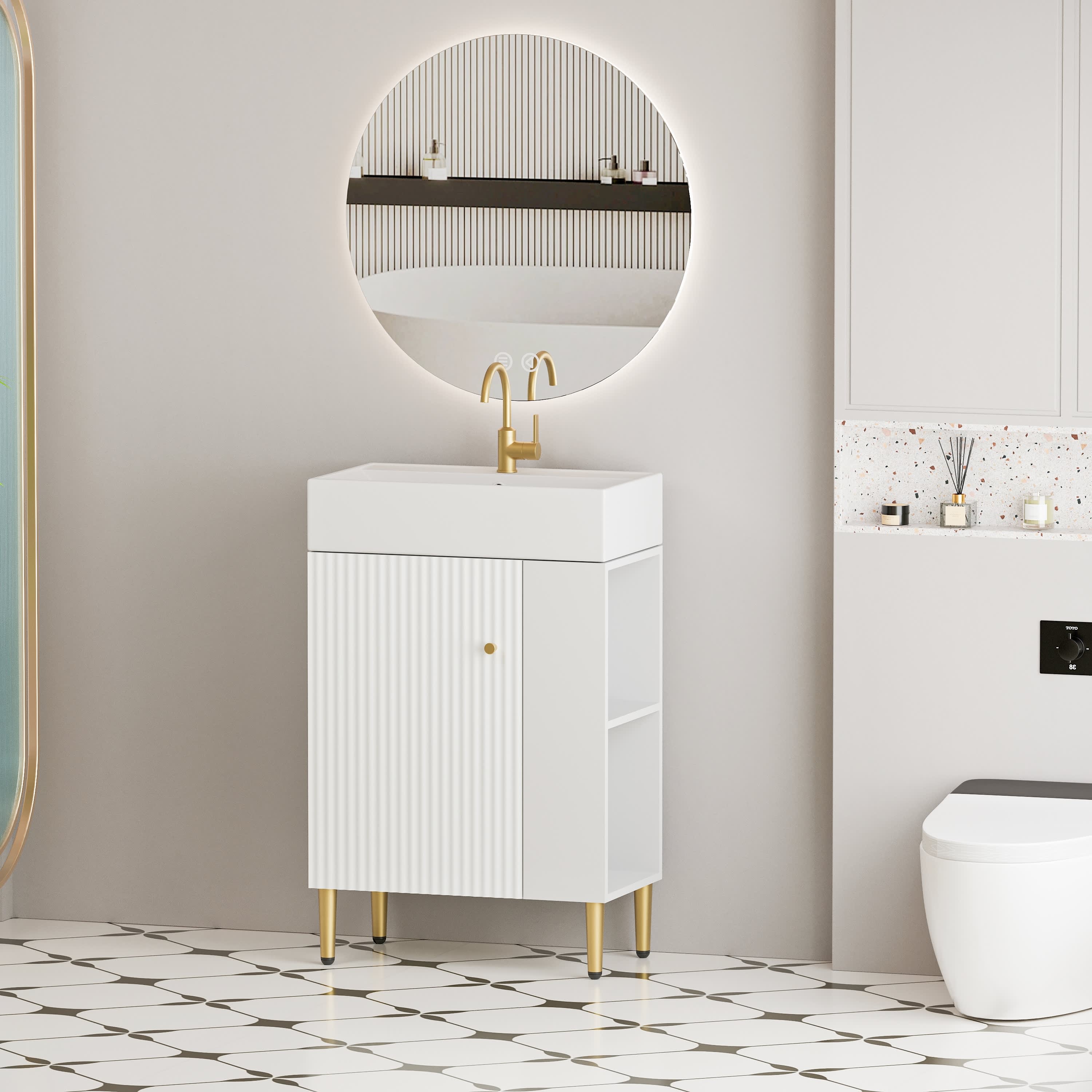 Abruzzo 21.6 in. W Single Sink Open-shelving Bath Vanity in White Storage Cabinet on the Right Side with White Ceramic Top
