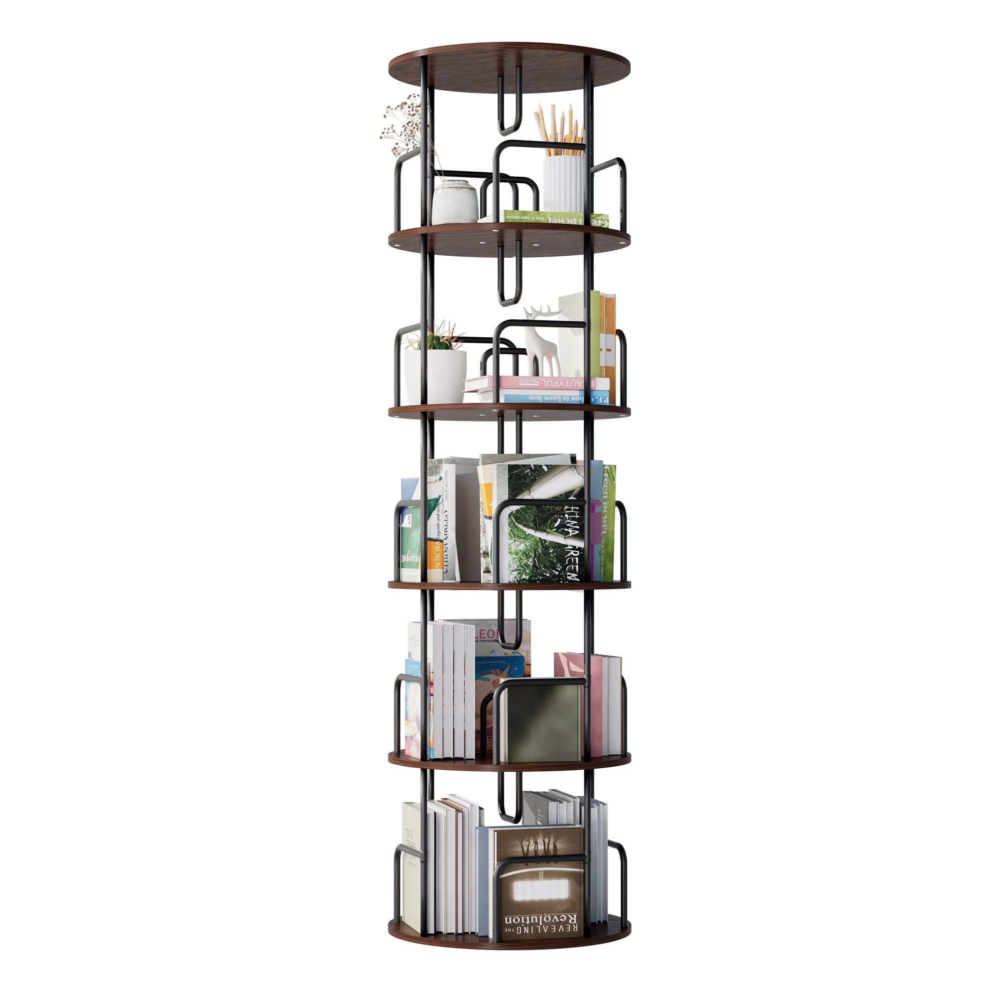 JUSHUA - Rotating Bookshelf Tower 5 Tier Spinning Bookcase Revolving 360 Degree Book Shelf Narrow...